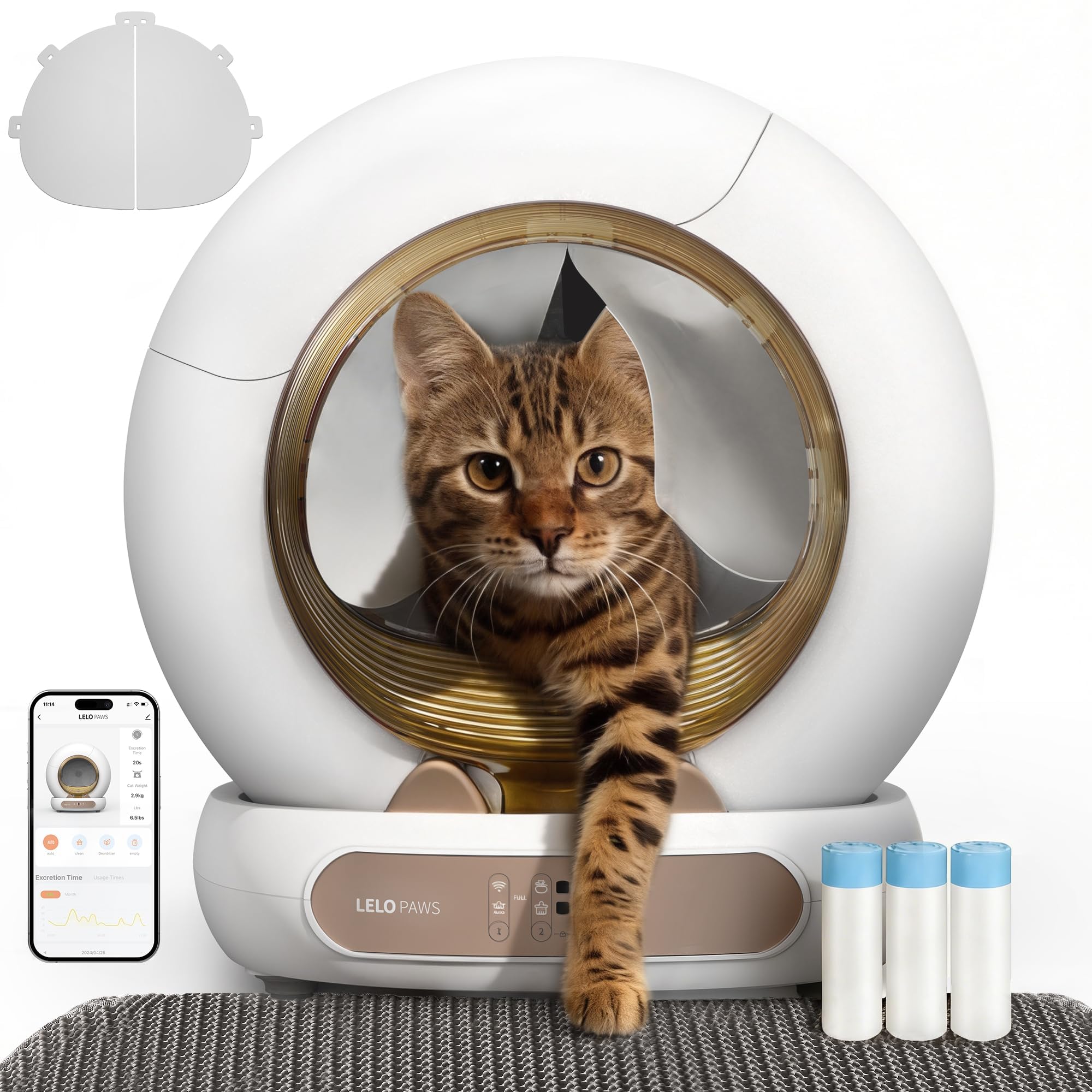 Selbstreinigende Katzentoilette mit Türvorhang, 65L+9L Katzenklo Selbstreinigend mit Müllbeutel, Matte, APP Steuerung, Desodorieren, Elektrisches Katzenklo für Mehrere Katzen, Golden