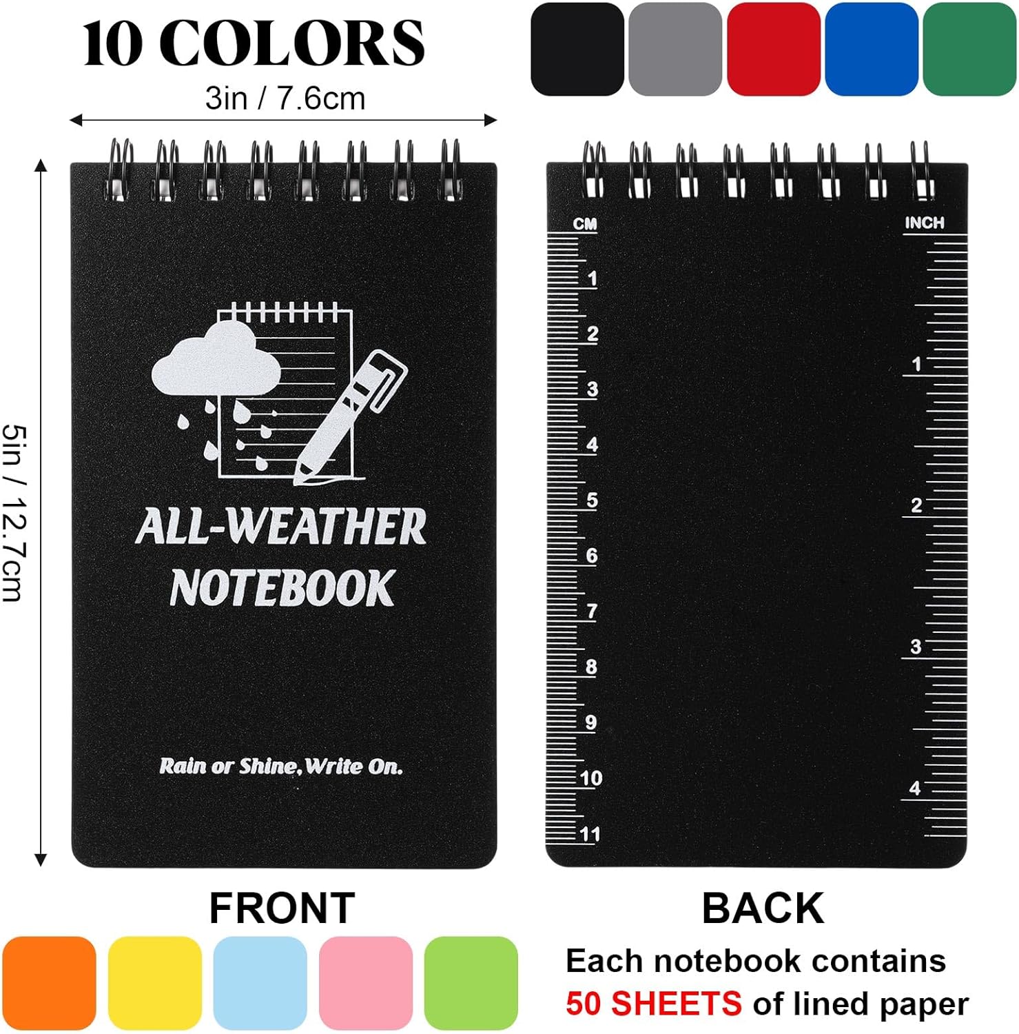 20 Pack Waterproof Notepad 3" x 5" Weatherproof Notepad Waterproof Pocket Notebook Mini Top-spiral Note Pads with 100 Lined Pages for Outdoor Office Recording