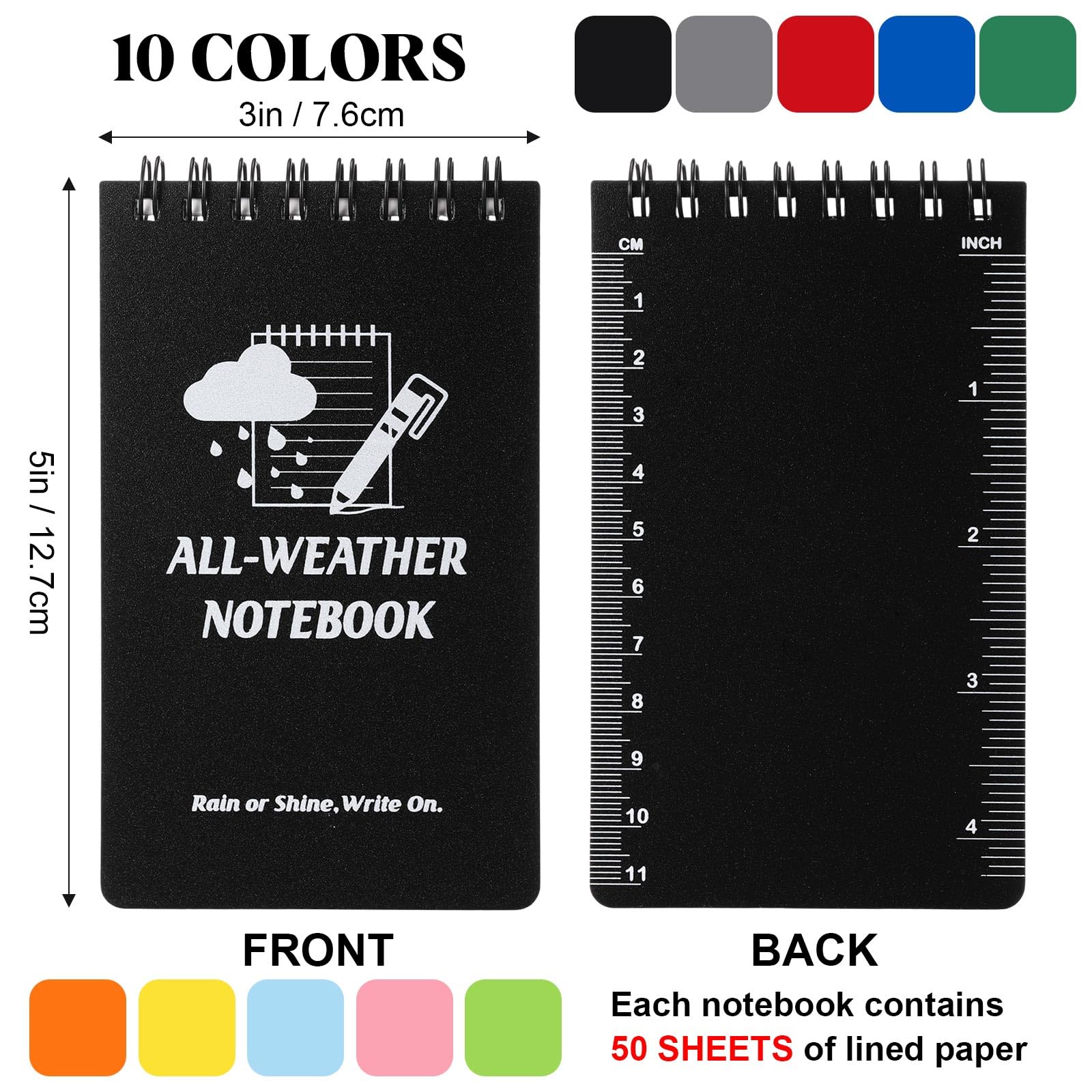 Paquete de 20 cuadernos de bolsillo impermeables de 3 x 5 pulgadas, bloc de notas en espiral superior, resistente a la intemperie, mini bloc de notas en espiral con 100 páginas a rayas para