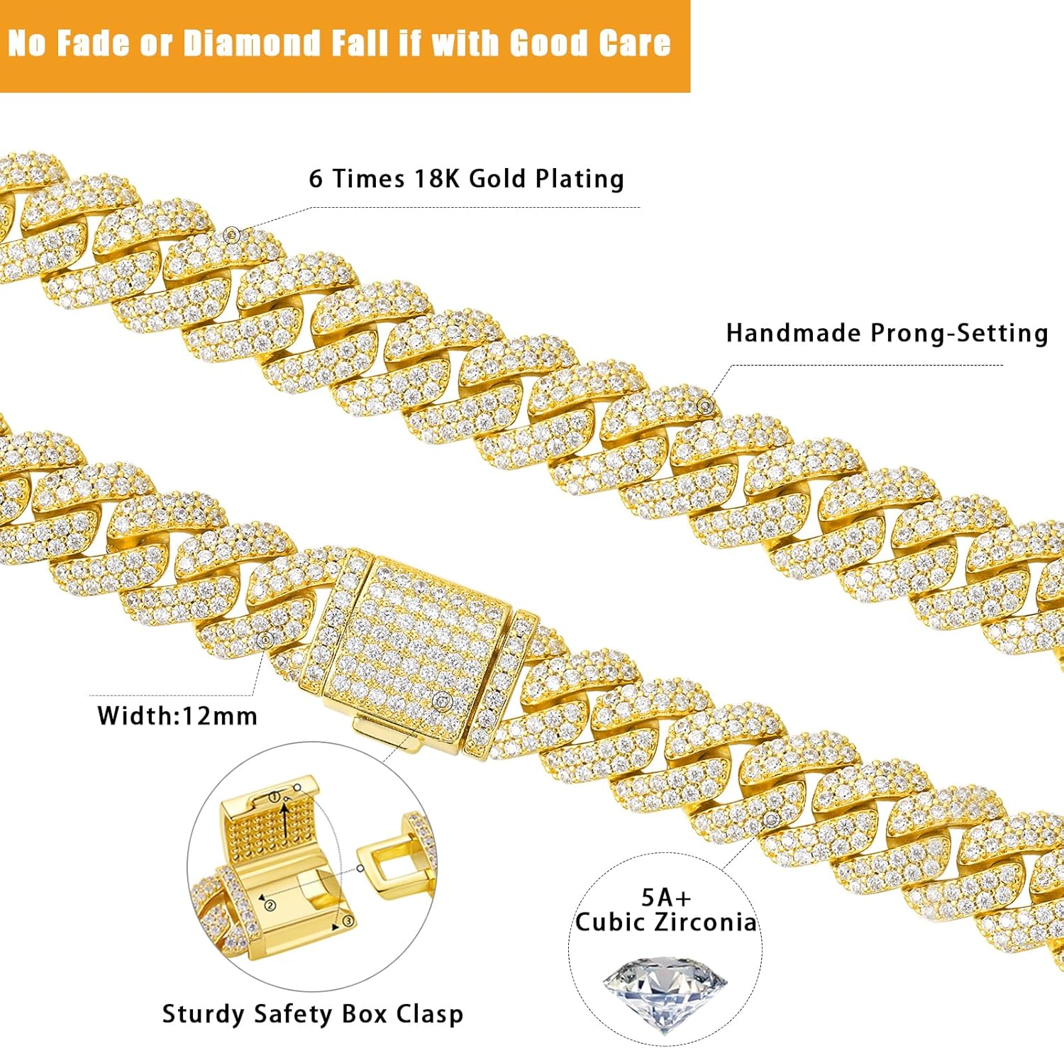 12mm Heavy Iced Out Cuban Link Chain 18K White Gold Plated Diamond Thick Choker Necklace for Men Women Hypoallergenic Bling Hip Hop Jewelry with Gift Box - Image 2