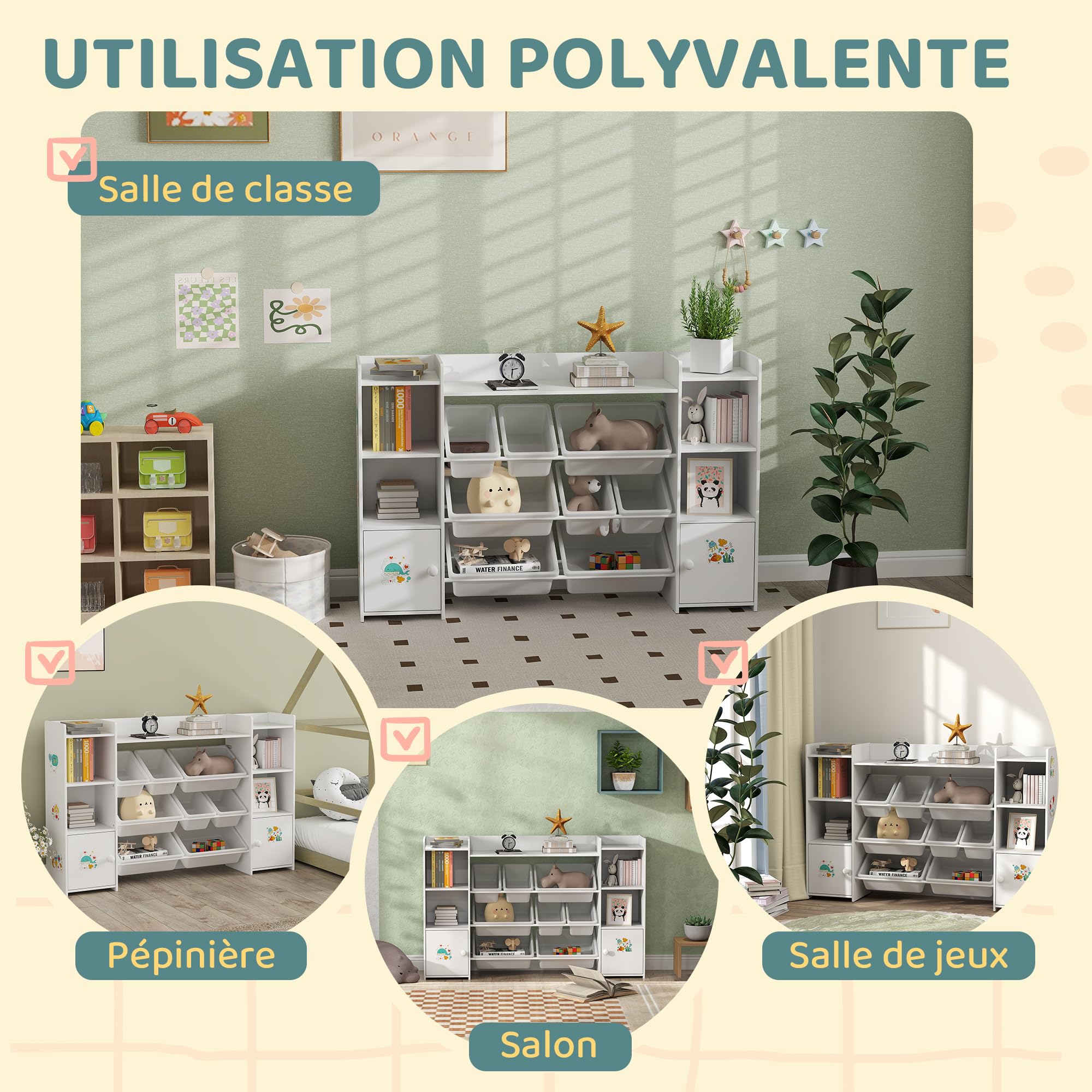AIYAPLAY Meuble Rangement Enfant à 4 Niveaux, 8 Bacs Amovibles Blanc | Étagère de Rangement pour Jouets Enfants, Placards, Compartiments Ouverts, Chambre d'Enfant, Salle de Jeux, Garderie