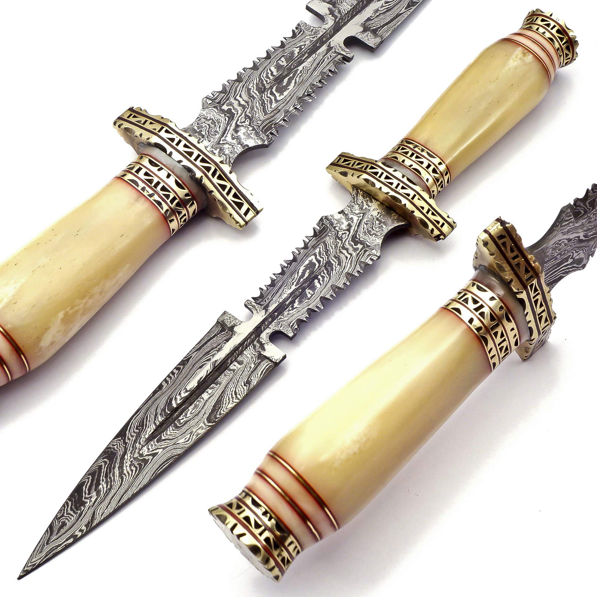 Handmade Damascus Steel Dagger Knife - :Original Camel Bone Handle - with Brass Spacer and Red Fiber Sheet