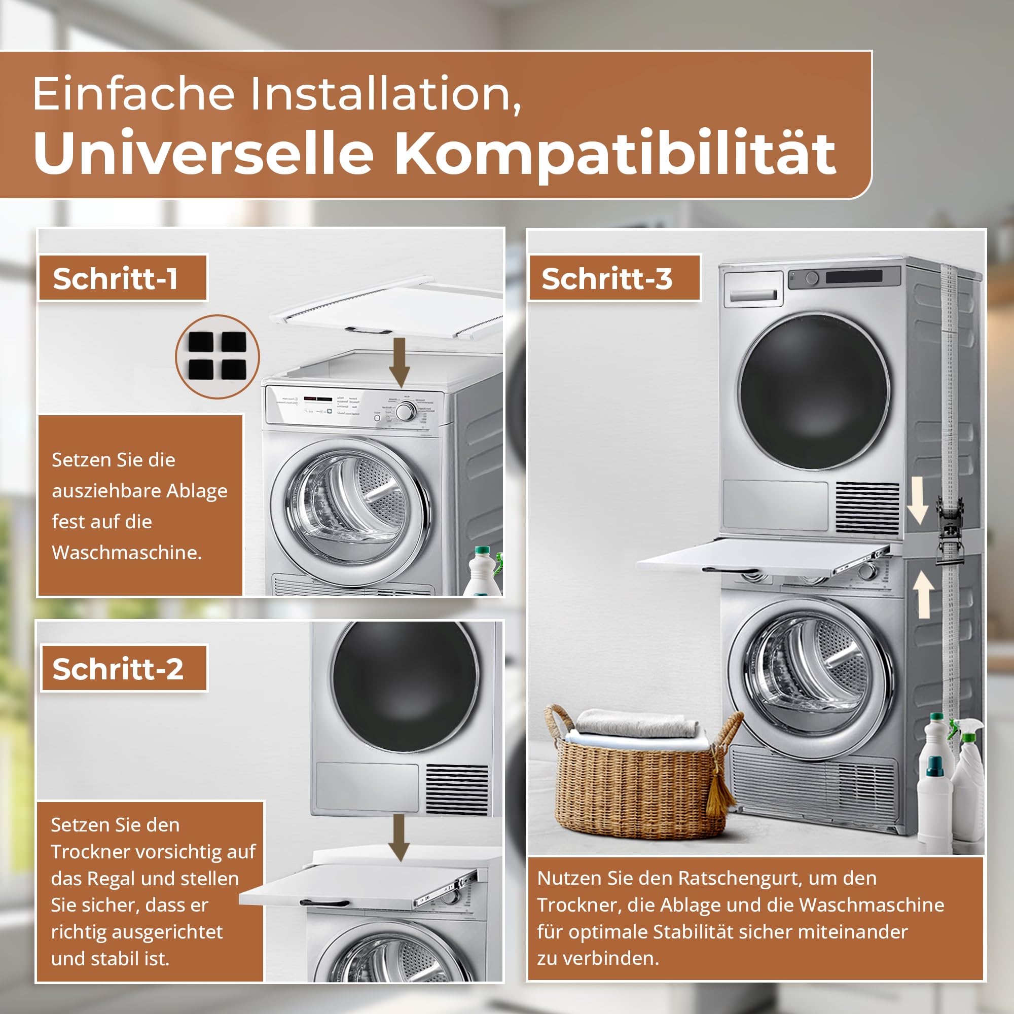 [en.casa] Universal Zwischenbaurahmen für Trockner & Waschmaschine (60cm Breite) - mit ausziehbarem Regal - Waschturm Verbindungsrahmen - Verbindung Alternative zu Waschmaschine Trockner Schrank
