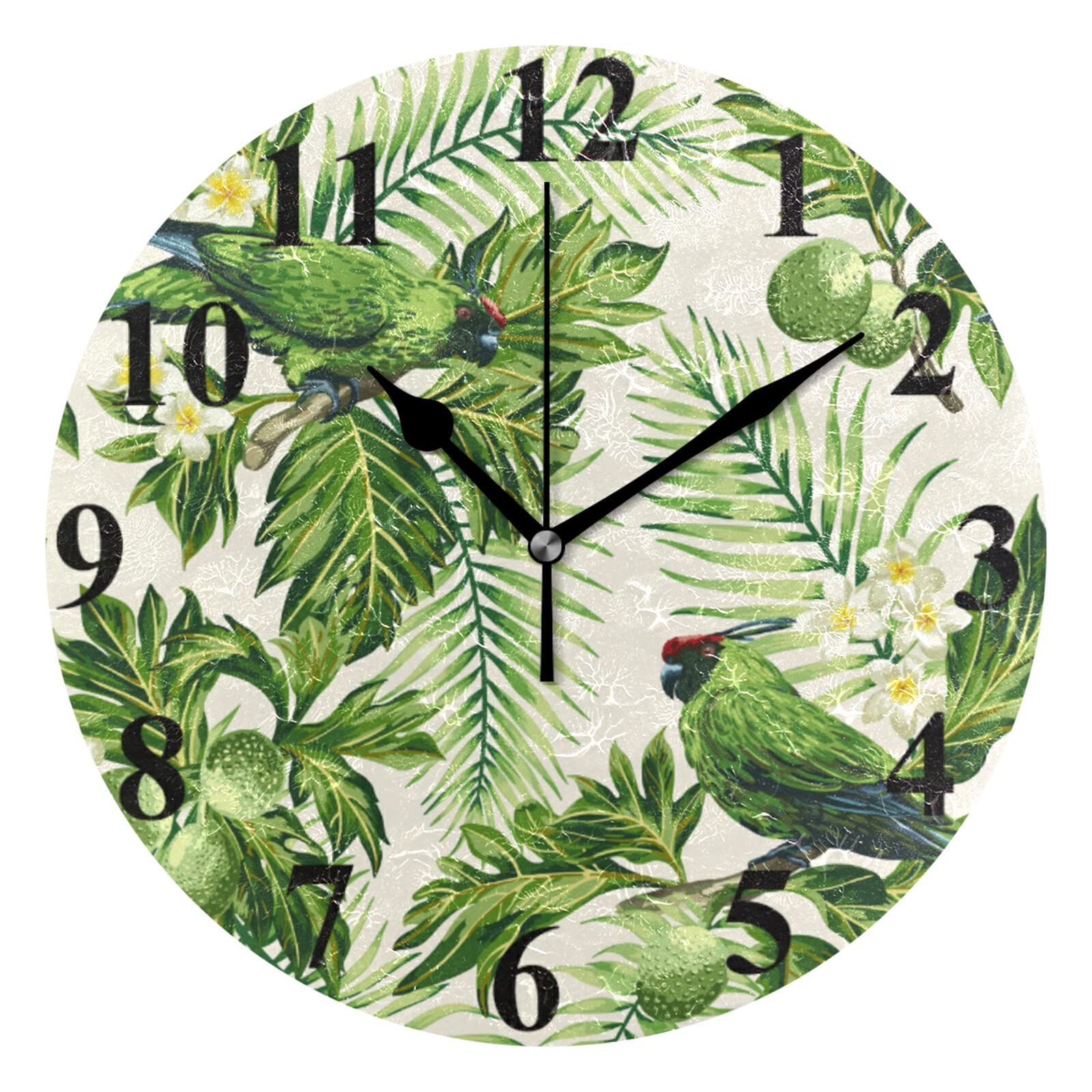 Sheer Voile Window Curtain Tropical Leaf Bird Leaves Pattern Printed Polyester Material Fabric for B Wall Clock Non Ticking Silent Clocks,Battery Operated Decorative Clock 10 Inch for Kitchen, Living