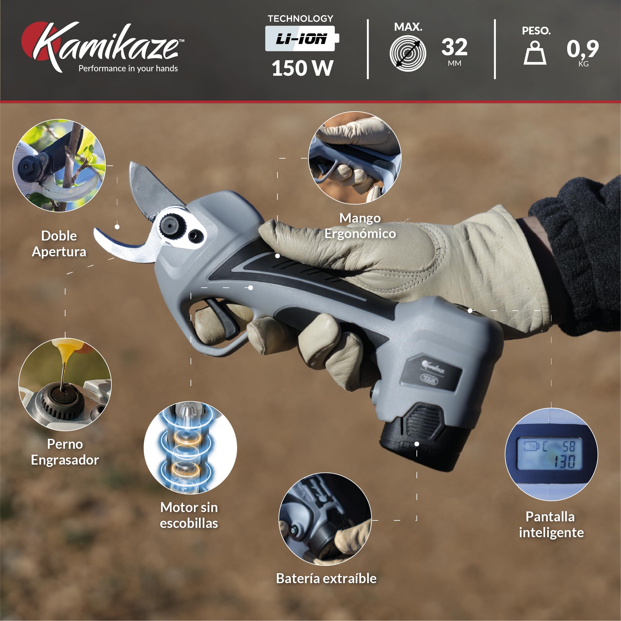 KAMIKAZE forbici elettriche professionali per potatura KV362. Forbici a batteria da 14,4 V. Senza fili. Ø 35 mm. Include una custodia con caricabatterie, 3 batterie e un kit di manutenzione.