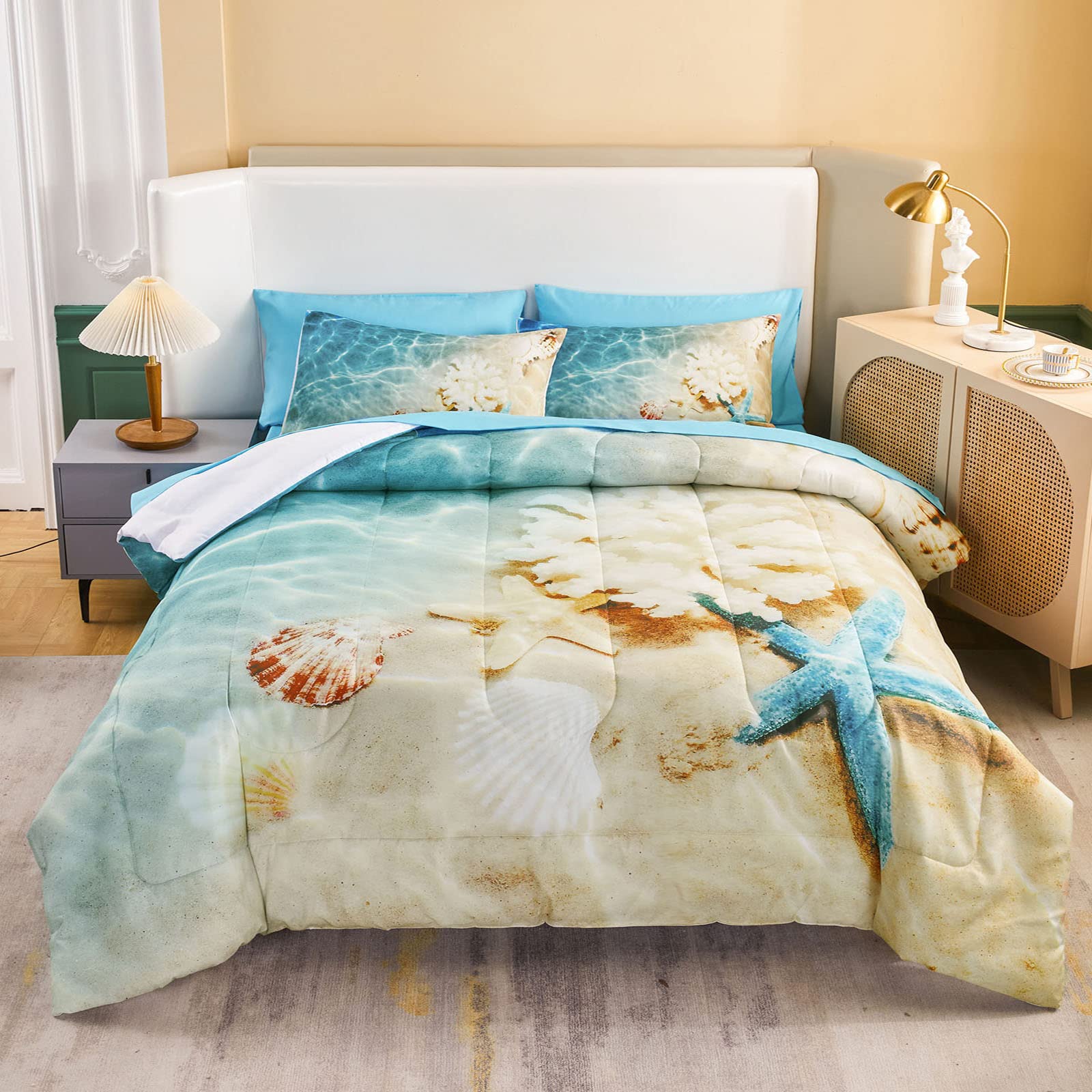 BedbayCoastal Bedding Full Size Comforter Set with Sheets Beach Comforter Bed Set 8 Pcs Ocean Duvet Set Soft Lightweight Down Alternative Comforter Beach Room Decor for Boys Girls (Ocean,Full)