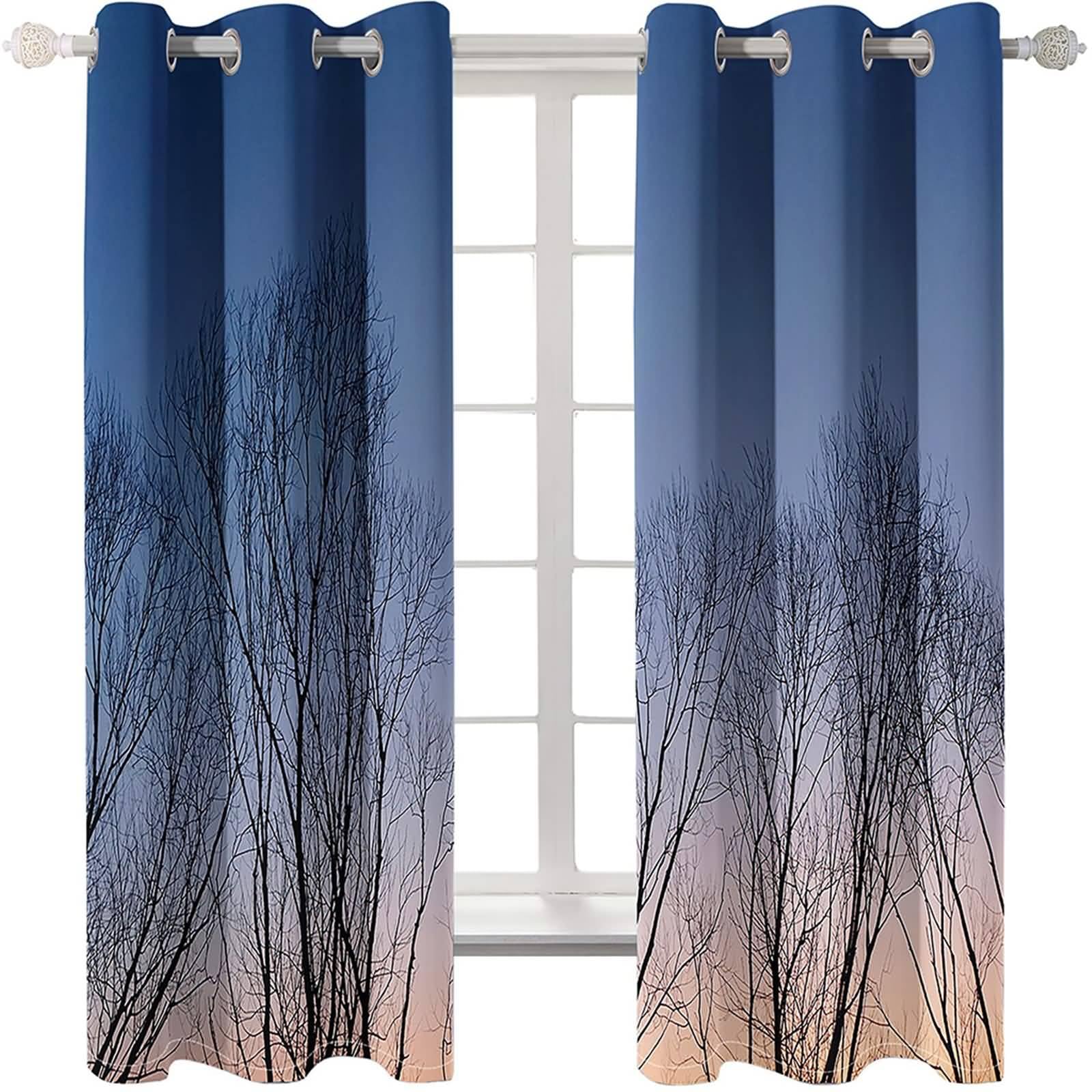 Rideau Pare Soleil Maison, Paysage d'arbres fanés Rideaux à Oeillets pour Salon/Chambre à Coucher, Bleu, 102x214cm