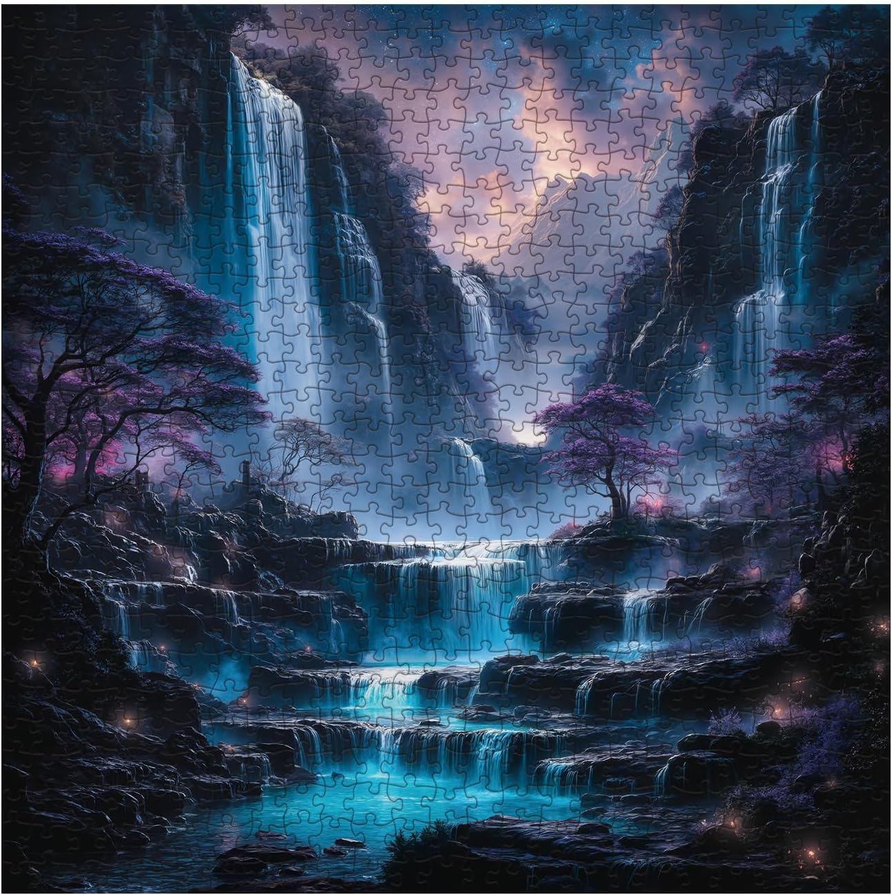 Fantasy Waterfall Landscape Puzzles for Adults 1000 Pieces, Purple Scenery Mountain Jigsaw Puzzle, Beautiful Difficult Art Puzzles