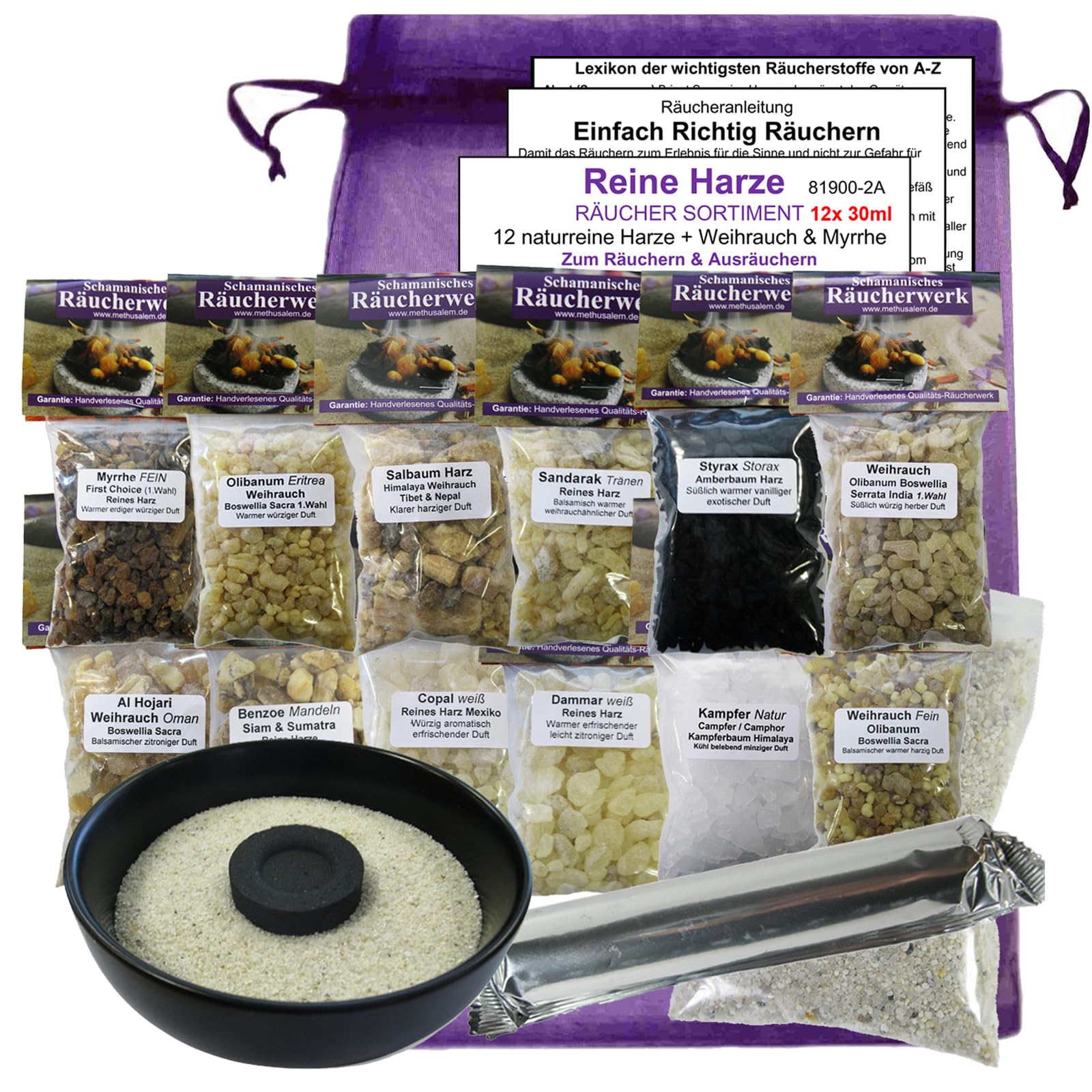 12x Räucherwerk WEIHRAUCH + BOSWELLIA + MYRRHE + AL HOJARI + OLIBANUM + KOPALHARZ + STYRAX uvm. 16-tlg RÄUCHERSORTIMENT zum räuchern. 81900-2A (12er Set mit Zubehör & 10cm Keramik Räucherschale)