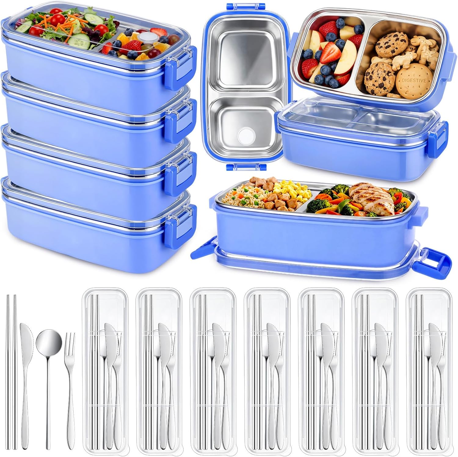 48 Pcs Stainless Steel Snack Containers with Lids 2 Compartments Leakproof Snack Box and Stainless Steel Flatware Set Include Chopsticks Knife Fork Spoon with Case for Meal Prep Food Storage