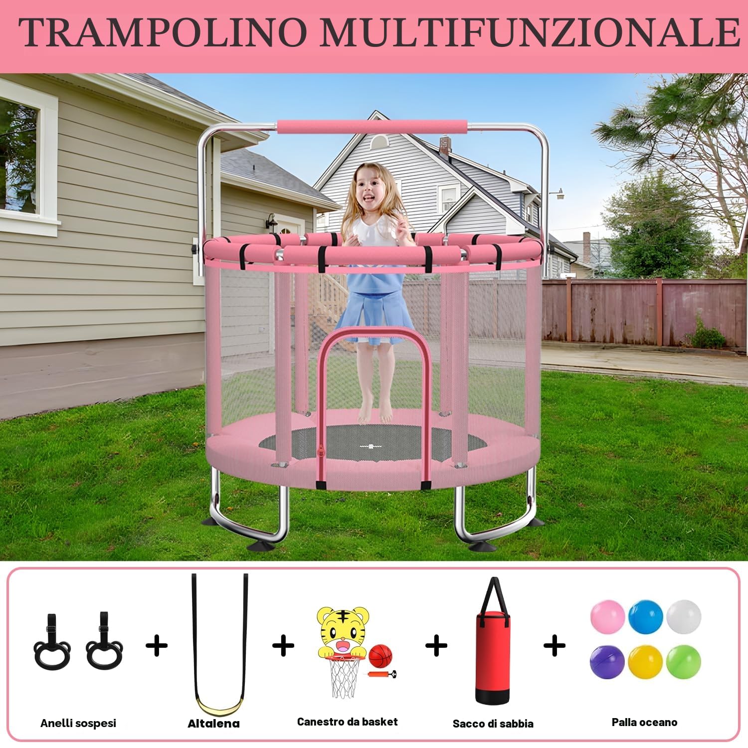 Trampolino per bambini da 140 cm per interni/esterni, capacità di carico 50 kg, con rete di sicurezza, barra da ginnastica regolabile e canestro da basket, regalo per bambini e bambine