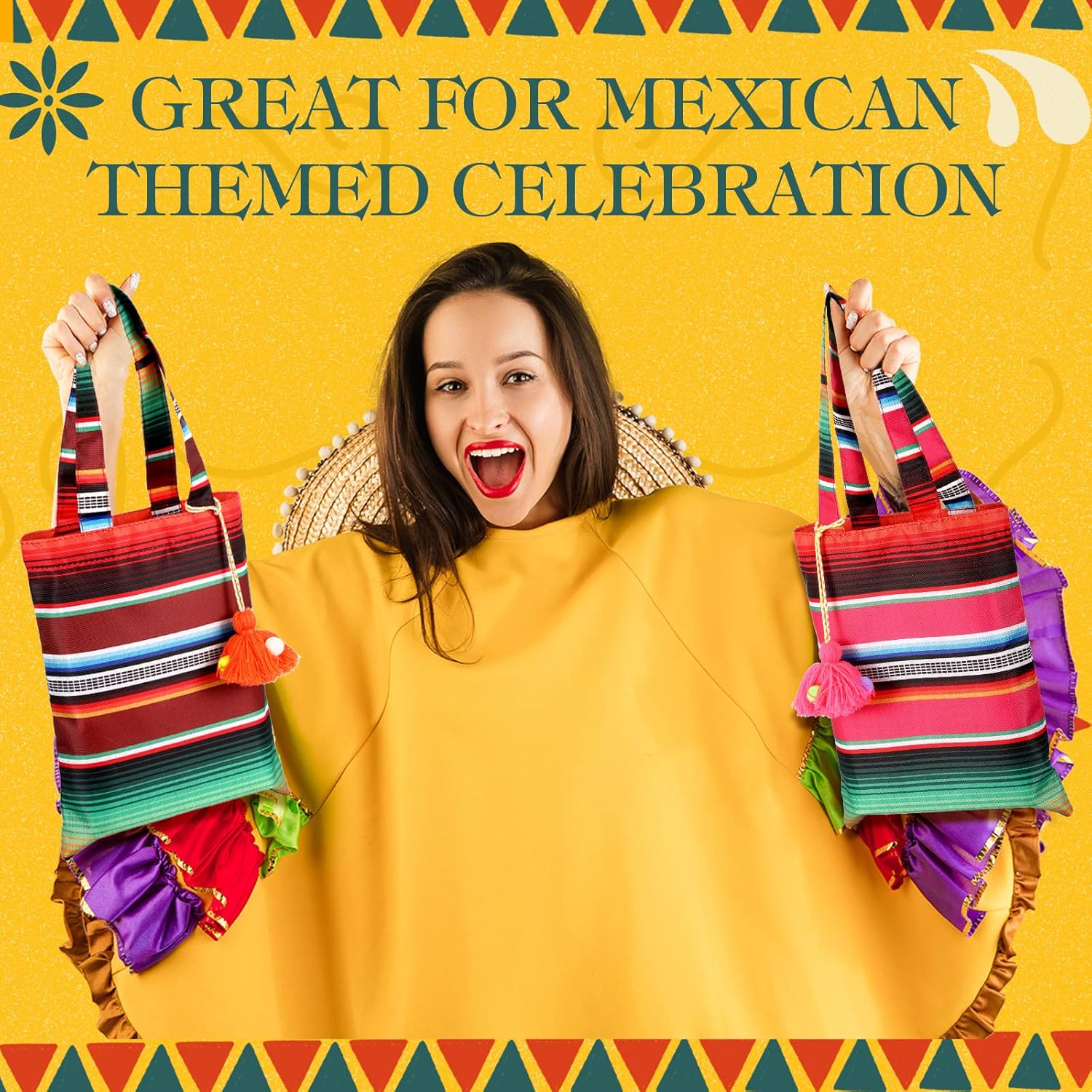 LEIFIDE 12 Pcs Mini Mexican Party Favors Bags 10 x 8'' Fiesta Gift with Colorful Hanging Tassels Small Mexican Candy Goodie Bags Polyester Mercado for Mexico Themed Party Favors