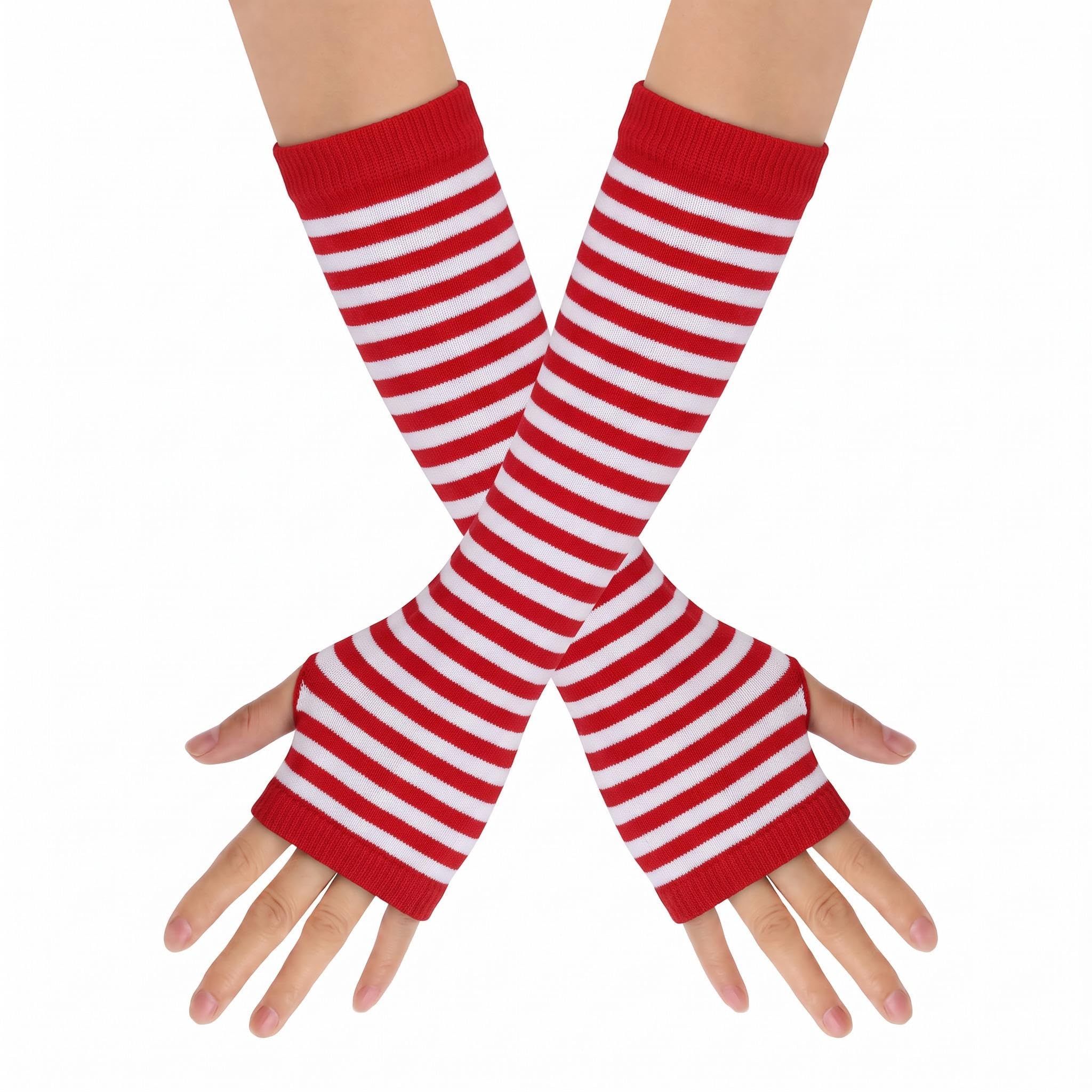 Leryavow Striped Punk Gothic Rock Long Arm Warmer Fingerless Gloves X Red White
