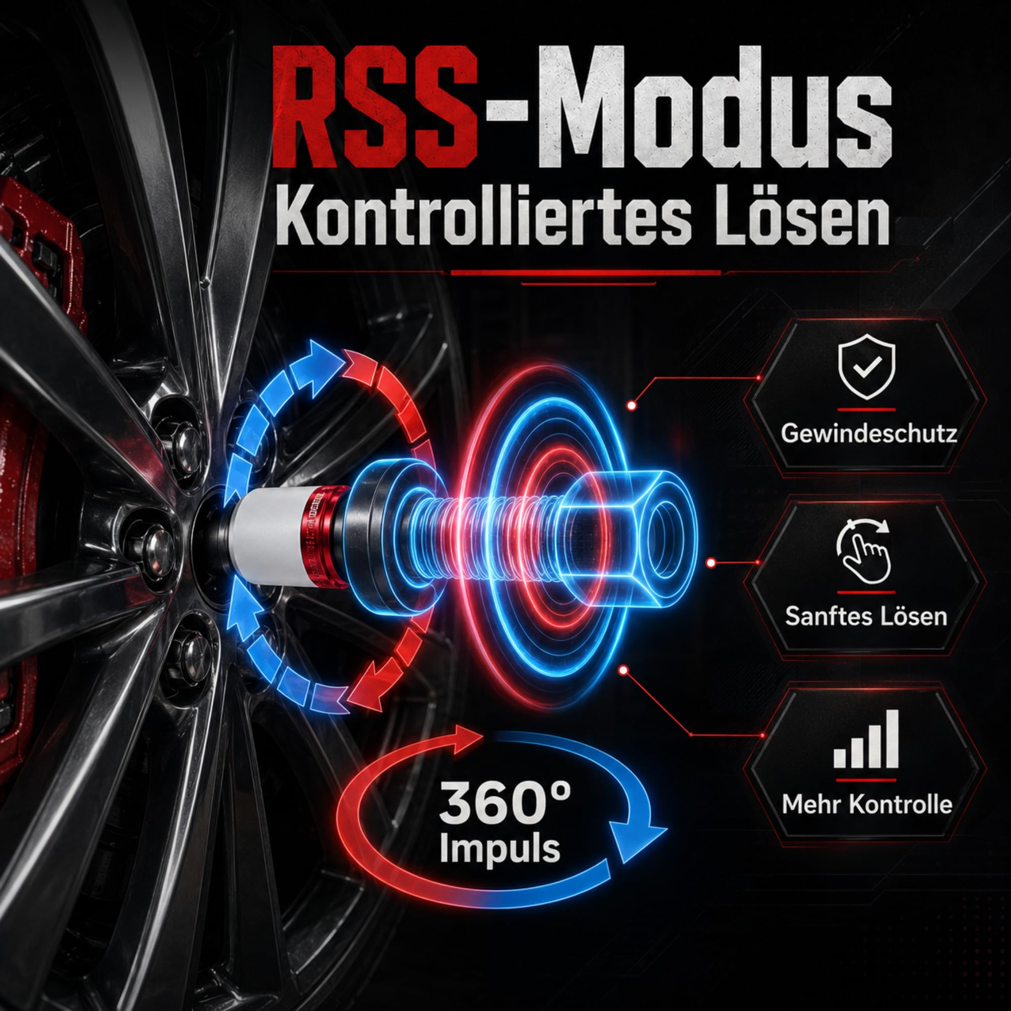 Akku Schlagschrauber 1/2 Zoll mit 2 Akkus 4.0Ah – 850Nm – Bürstenloser Motor – 3 Stufen + RSS-MODUS – Komplett-Set mit farbcodierten Nüssen & Koffer – Perfekt für Auto & Reifenwechsel