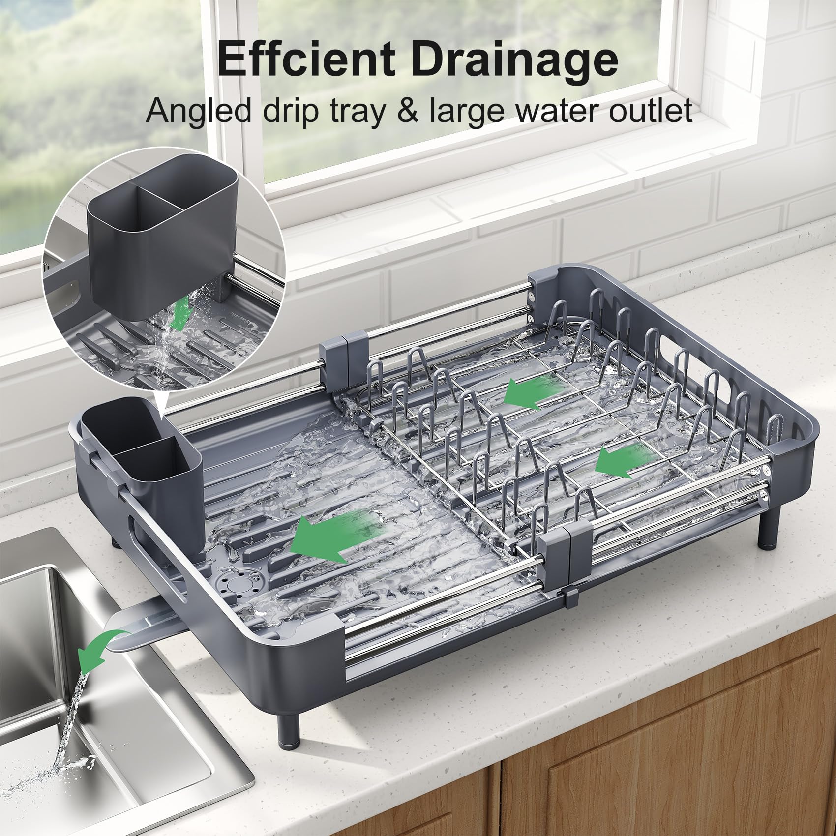 SAYZH Escurreplatos, Escurridor De Platos Extensible(33.5 CM-50 CM) De Gran Capacidad con Soporte Cubiertos Extraíble y Caño De Drenaje Giratorio, para Encimera De Cocina Ahorre Espacio(Gris)