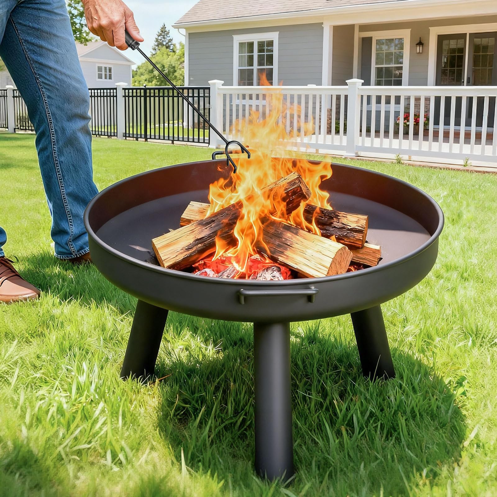 LEADZM Brasero de 60 cm de diámetro, construcción de hierro, con 2 asas estables + gancho para fuego, cesta para leña y carbón, para jardín, terraza, exterior, hoguera, color negro