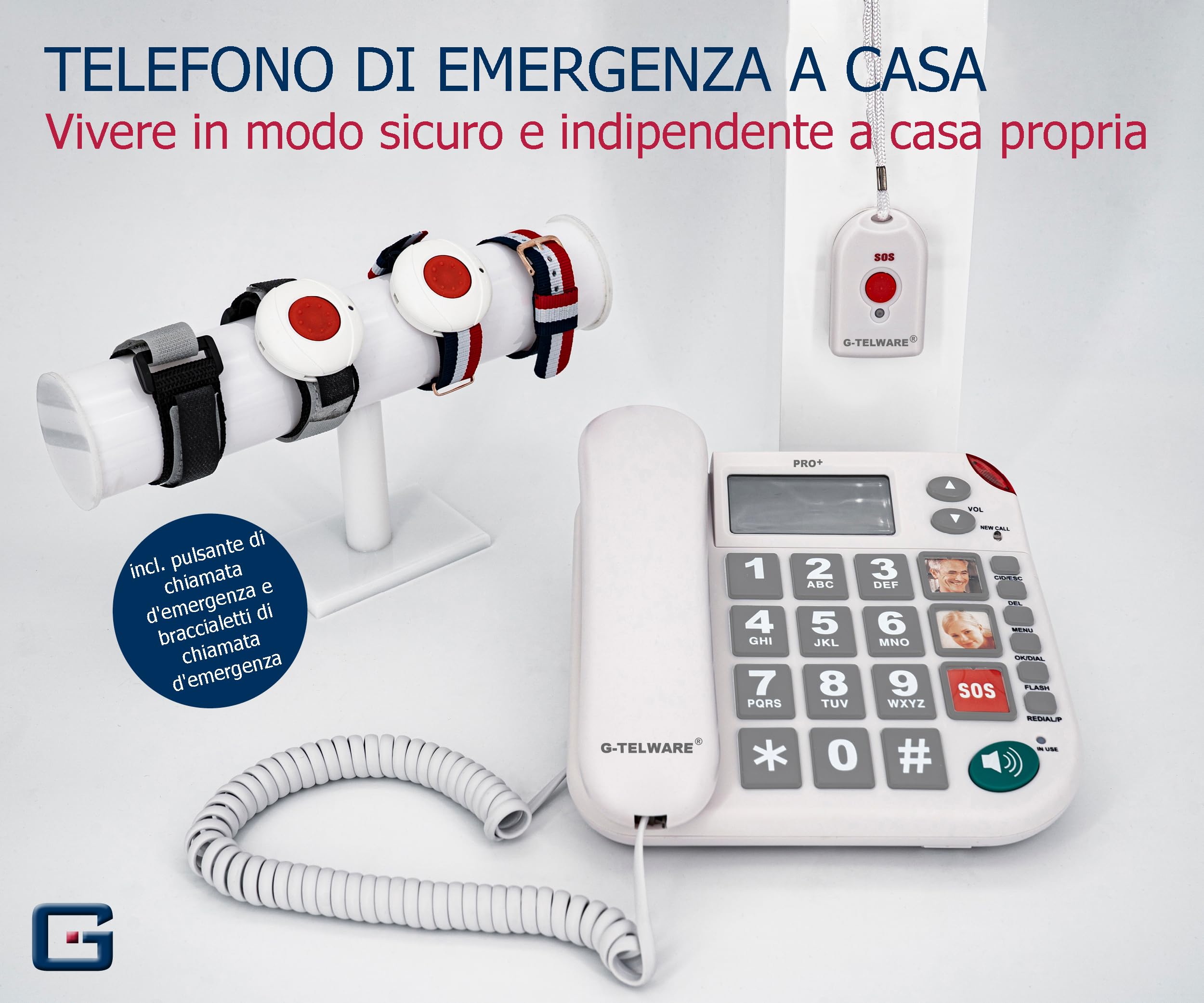 PRO+(G-TELWARE®) - Telefono fisso per anziani con braccialetto di emergenza, con catena di chiamata di emergenza per una accessibilità garantita, chiamata di emergenza a casa per i parenti, con
