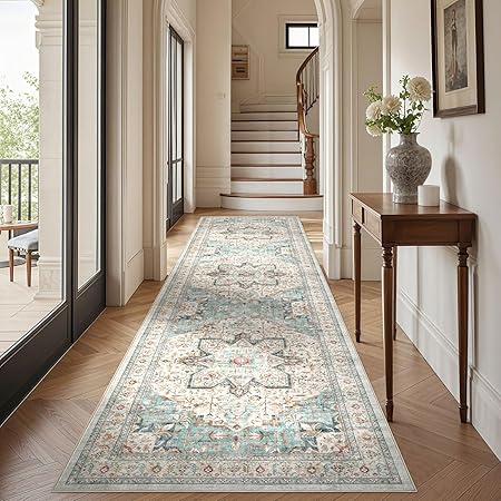 Tortania Area Rug 3x12 Runner Rugs - Washable Vintage Oriental Farmhouse Thin Indoor Carpet for Living Room Bedroom Hallway Entryway Kitchen Under Dining Table Home Office - Aqua Multi