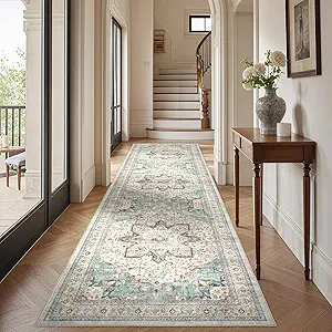 Tortania Area Rug 3x12 Runner Rugs - Washable Vintage Oriental Farmhouse Thin Indoor Carpet for Living Room Bedroom Hallway Entryway Kitchen Under Dining Table Home Office - Aqua Multi