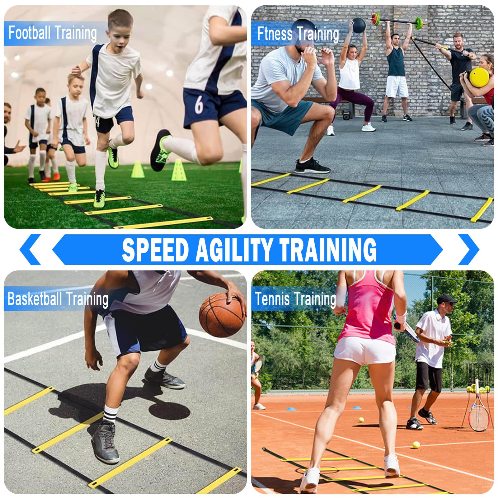 Accessori per allenamento da calcio, scala di coordinazione da 6 m con 12 coni, 4 ostacoli con 8 coni + 4 barre, palla di reazione, paracadute di resistenza, aste per slalom, set per