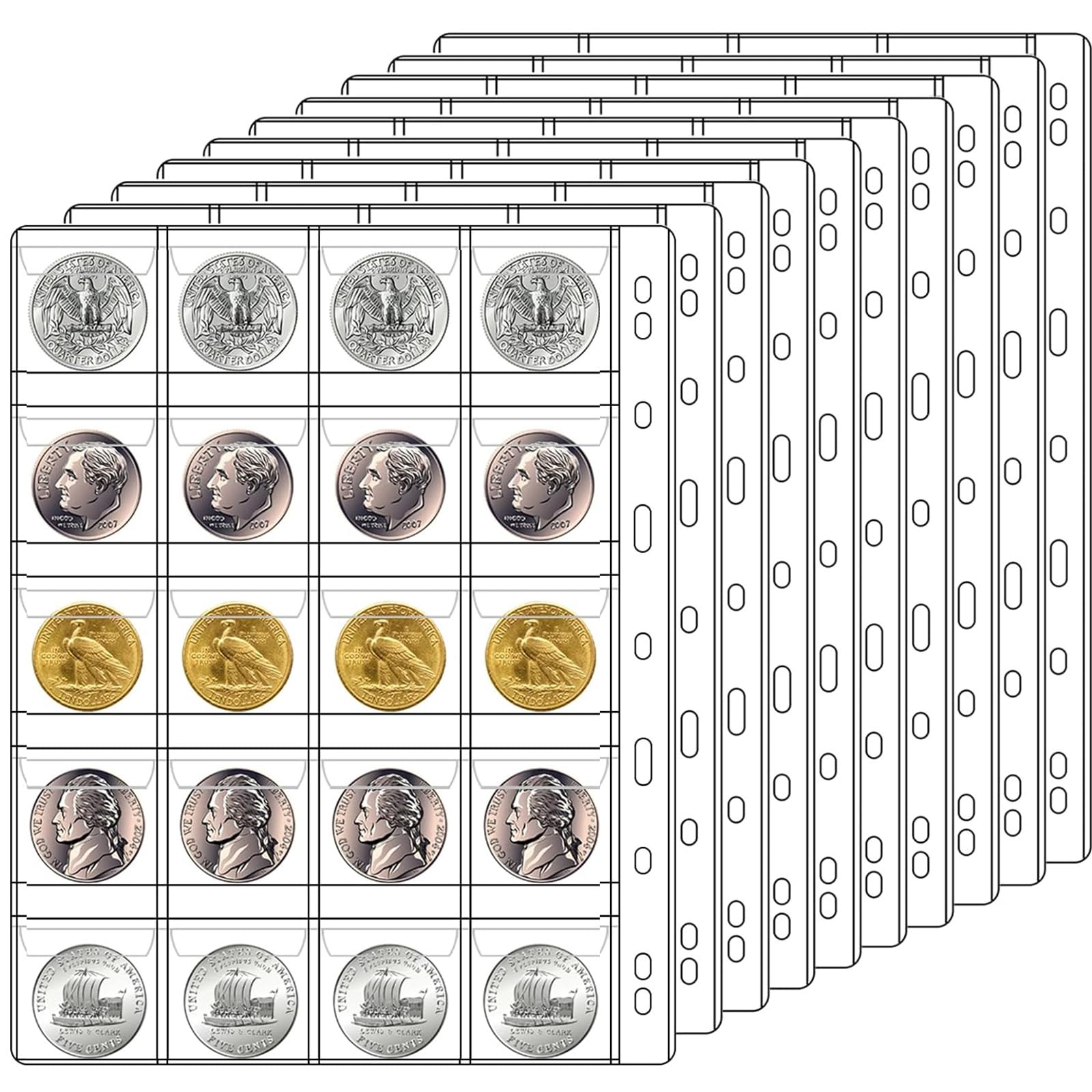 Ettonsun 10 Sheets 20-Pocket Coin Collecting Pages Coin Sleeves, Binder Inserts Coin Pocket Pages Collecting Sleeves for Most Coin Collection Holder