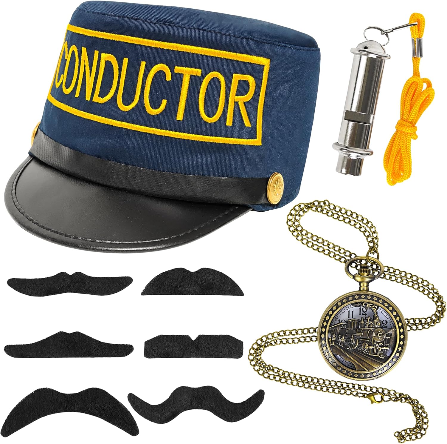 Yezmo Train Conductor Costume Accessories, Express Costume Set with Conductor Hat Train Whisle Pocket Watch Mustaches for Men Women for Party Christmas