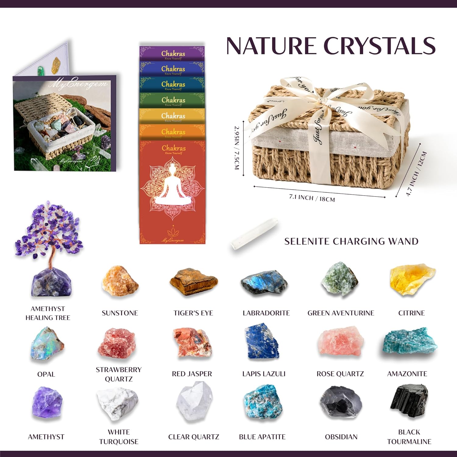 MYDAYS&DESIGN 18Pcs Crystals and Healing Stones Set in Rattan Box, 17 Raw Chakra Stones, 1 Amethyst Tree, Guide for Beginners, Meditation Yoga Home Decor, Gifts for Women Mom