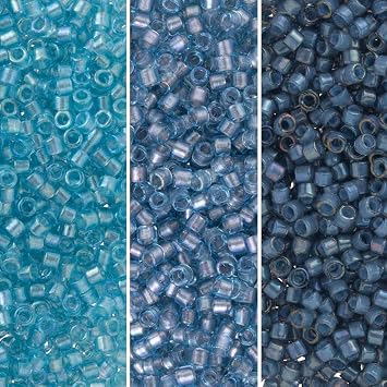 Miyuki Delica Seed Beads Bundle Size 11/0, Denim Blue Inside Color Lined Palette Collection DB2382, DB2383, DB2384