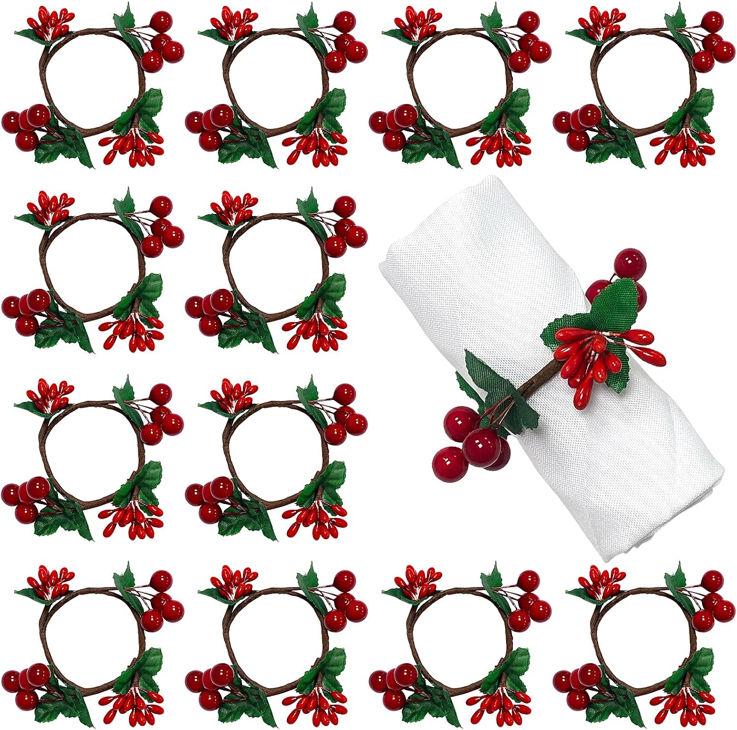 Mingting Napkin Rings Set of 12, Haoypaic Rustic Napkin Ring Serviette Holders Handmade Red Berry Table Decorations for Wedding Christmas Thanksgiving New Year Valentine's Banquet Birthday Party