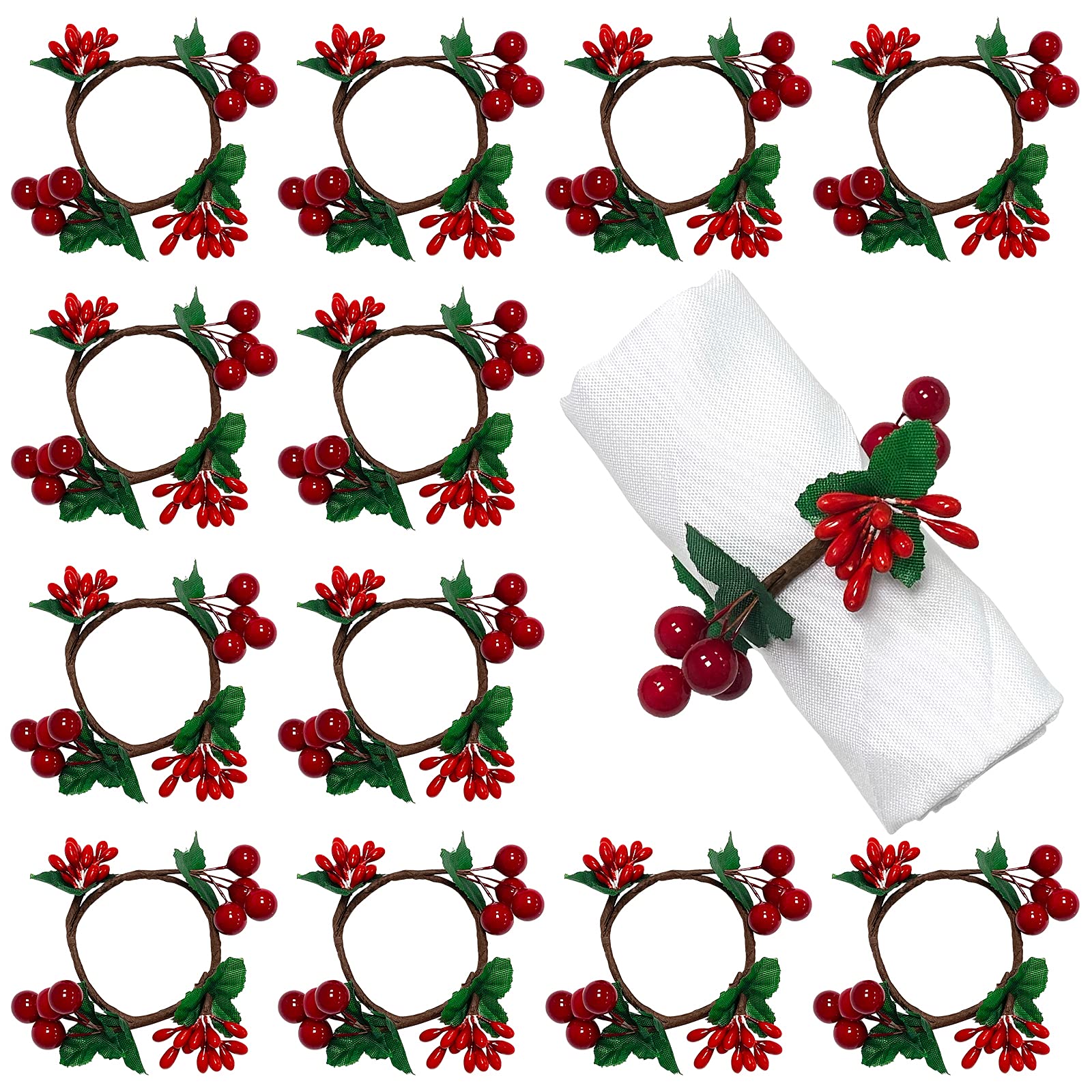 HAOYPAIC Serviettenringe Set von 12, Rustikaler Serviettenring Serviettenhalter handgefertigt rote Beere Tischdekorationen für Hochzeit Weihnachten Thanksgiving Neujahr Valentinstag Bankett