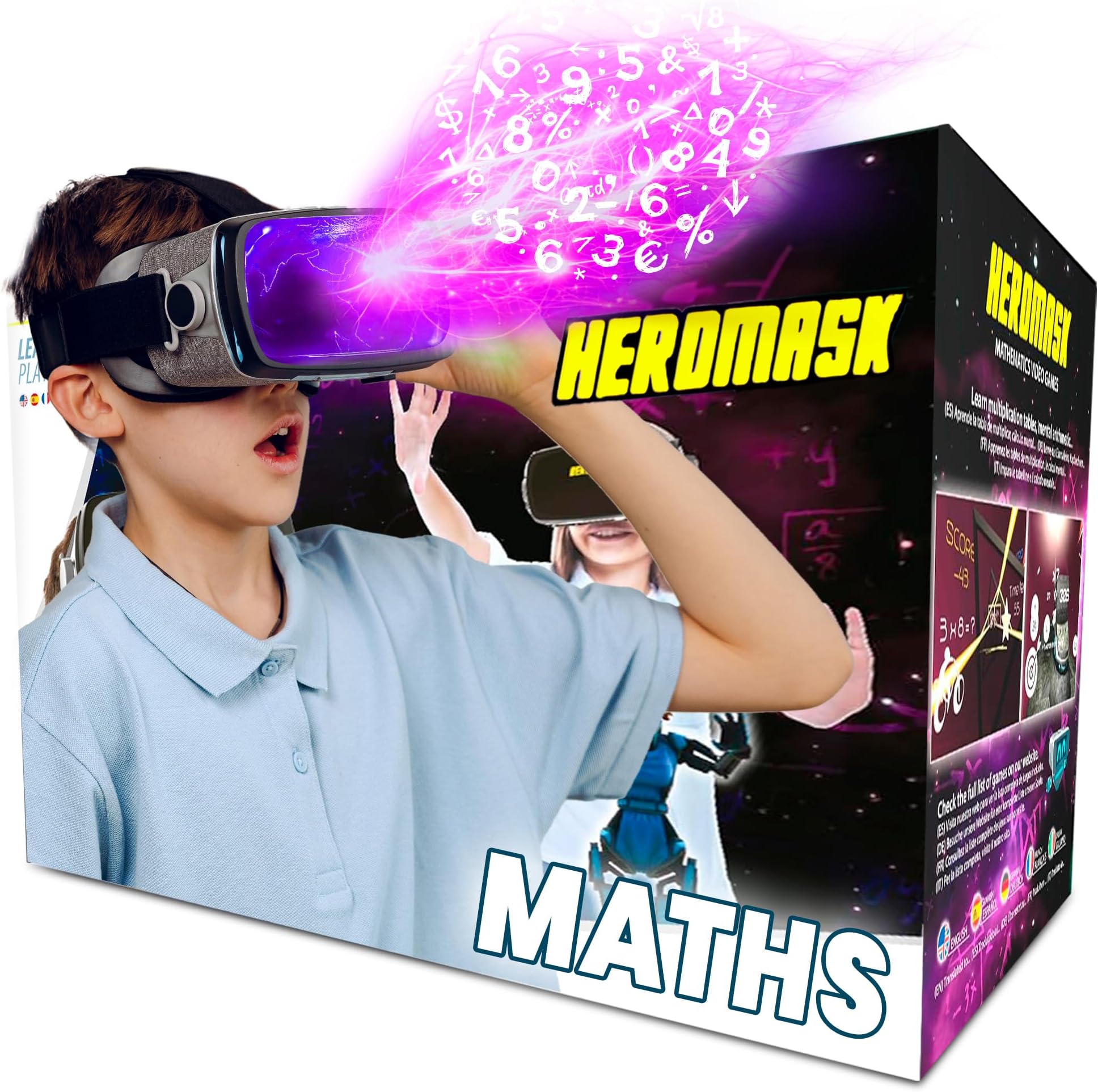 Heromask VR Headset + Maths Games (Boys&Girls 5-12) — Fun Gift to Practice Addition, Times Tables & More with Virtual Reality — Surprise kids with this Educational Toy!