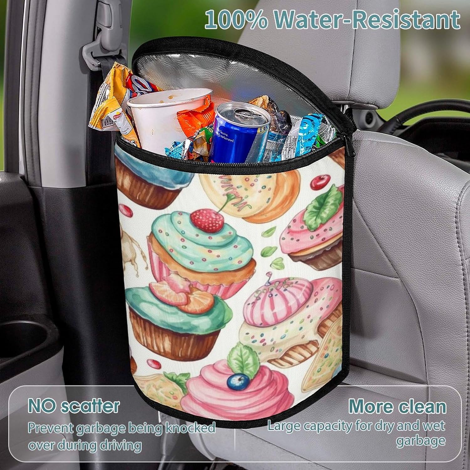 Hanging Car Trash Bag Cupcakes Donuts Muffins Sugar Printed Car Garbage Storage Bag Leakproof Car Trash Can Portable Garbage Storage Bags
