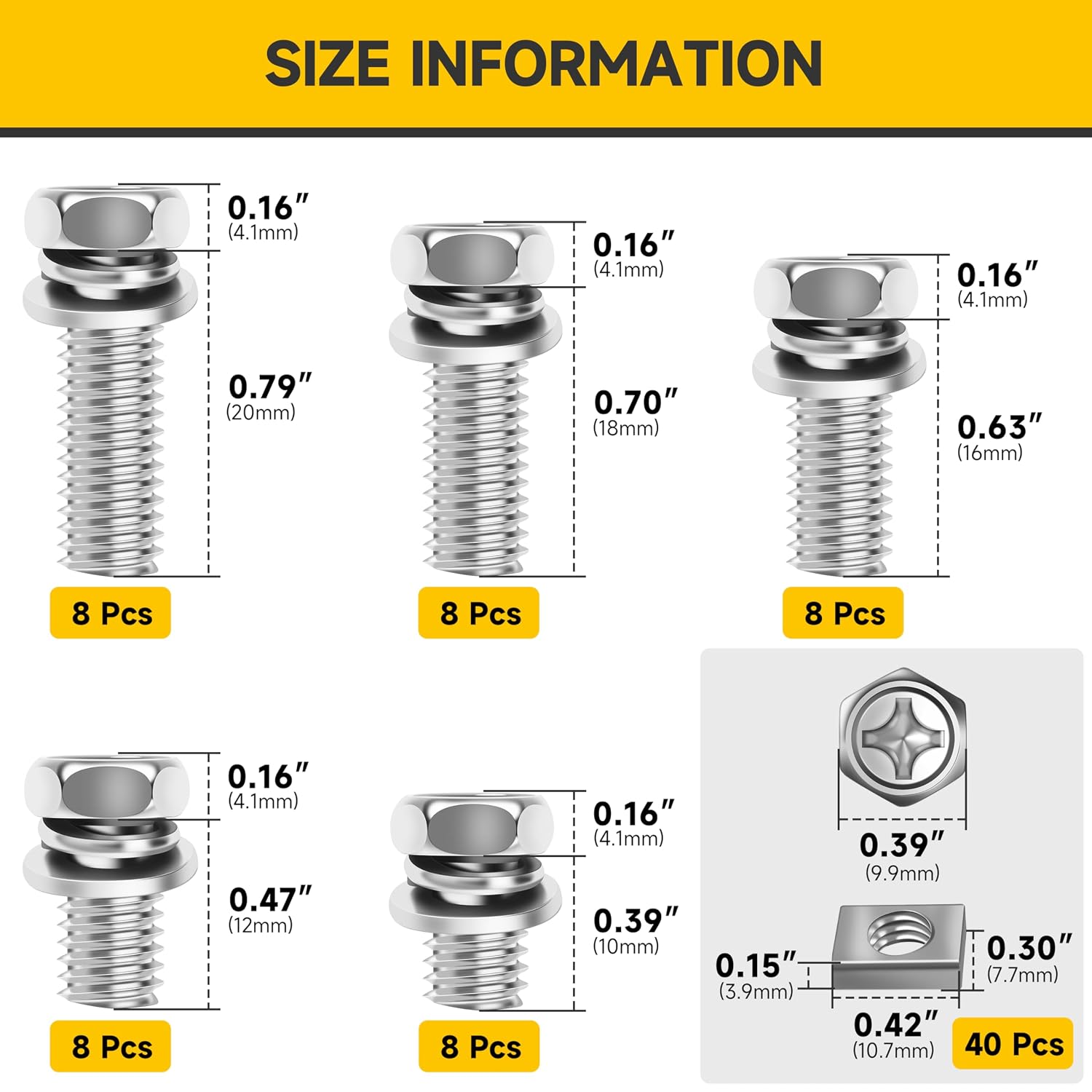 Mywish 80Pcs Battery Terminal Bolts and Nuts Assortment Kit, M6 x 10/12/16/18/20mm ATV Motorcycle Battery Bolt with Square Nuts, 304 Stainless Steel Motorcycle Parts