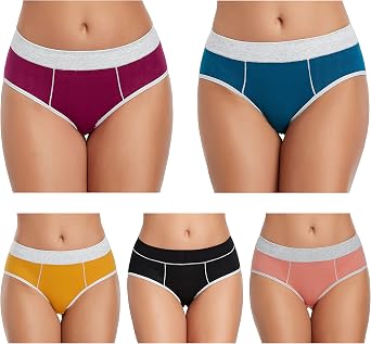 DAILYLIVE Cotton Underwear for Women Mid Rise Full Briefs Stretchy Ladies Hipster Panties 5 Pack, Black/Blue/Purple Red/Rogue Red/Orange, Large