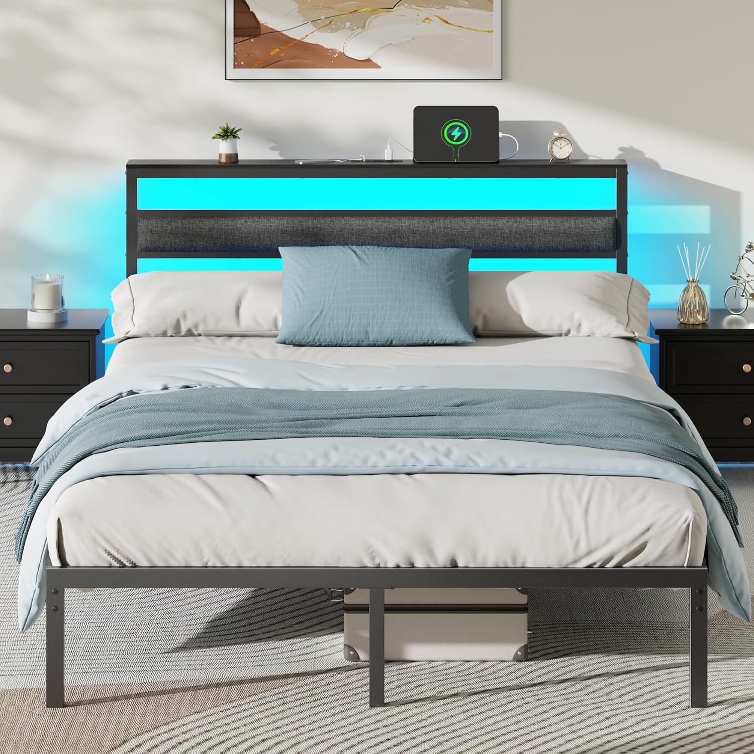 Queen Bed Frame with Led Lights and Charging Station, Bed Queen Size Frame with Headboard and Under Bed Storage, Black Metal Platform Bedframe and Storage Shelf, Easy Install