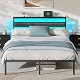 Queen Bed Frame with Led Lights and Charging Station, Bed Queen Size Frame with Headboard and Under Bed Storage, Black Metal Platform Bedframe and Storage Shelf, Easy Install