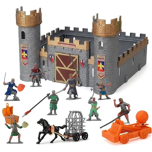 Liberty Imports Medieval Castle Kingdom Knights Action Figure Toy Army Playset with Castle, Figurines, Catapult, and Acessories Kids Playset in Storage Bucket