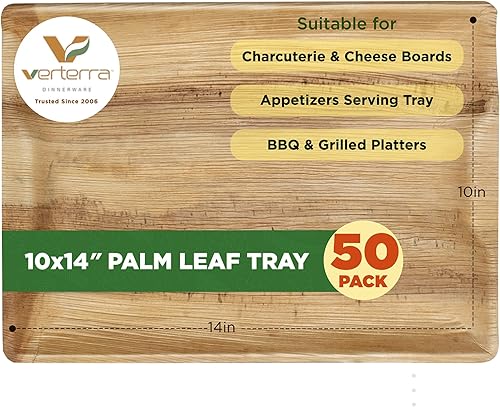 Bandeja grande de hoja de palma de 10 x 14 pulgadas (paquete de 50)  Premium, resistente, 100% compostable, ecológica, apta para microondas y horno,