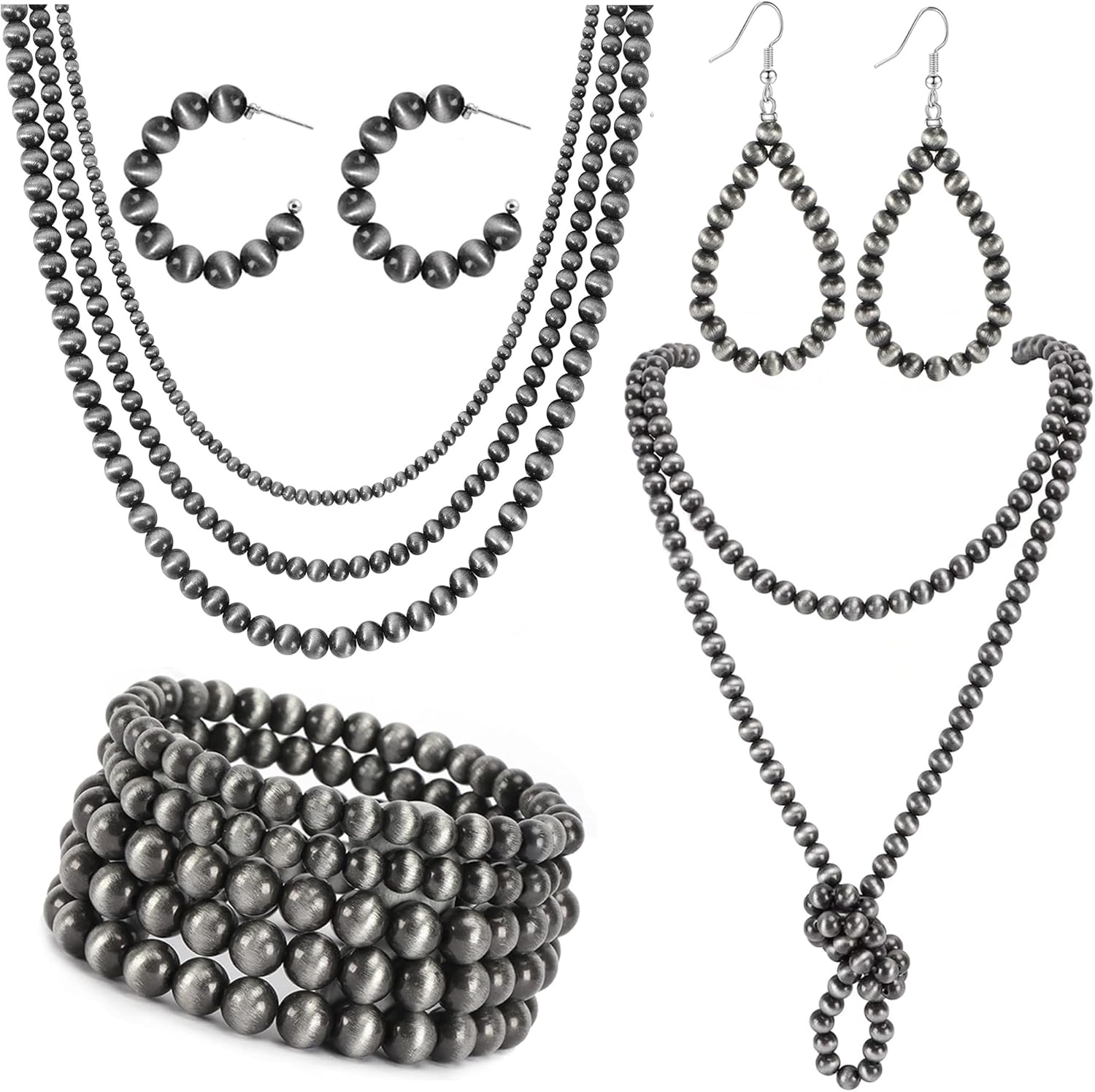 SONNYX Navajo Pearl Jewelry Set for Women - Pearl Necklace, Beaded Bracelet, Dangling Earrings, Multilayer Boho Vintage Choker Necklace - Western Jewelry for Cowgirl