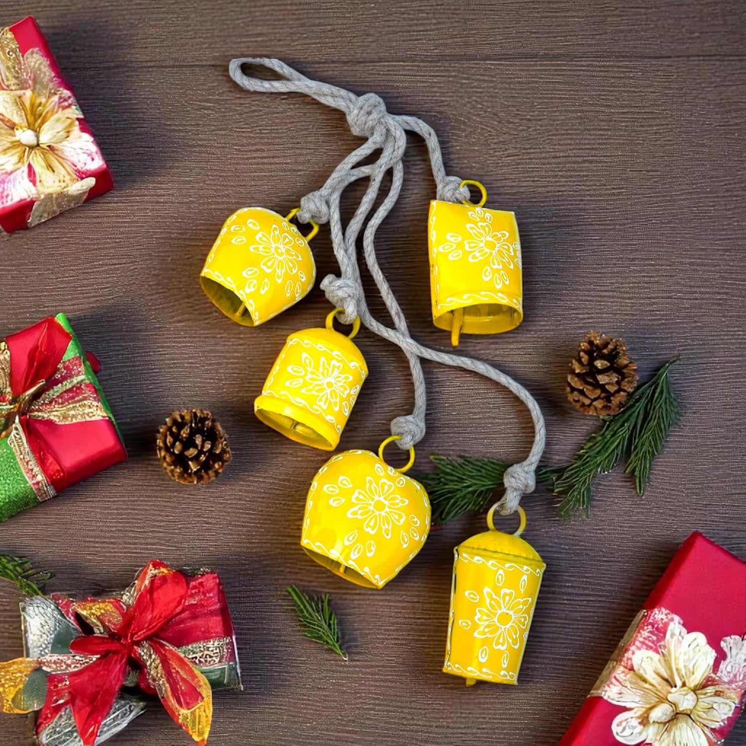 Hand-Painted 25” Wind Chime with 5 Christmas Decorative Jingle Bell – Hanging Ornament – Boho Outdoor & Indoor Decor – Rustic Cow Bells for Garden, Porch, Patio, Entryway, Farmhouse & Gift (Yellow)