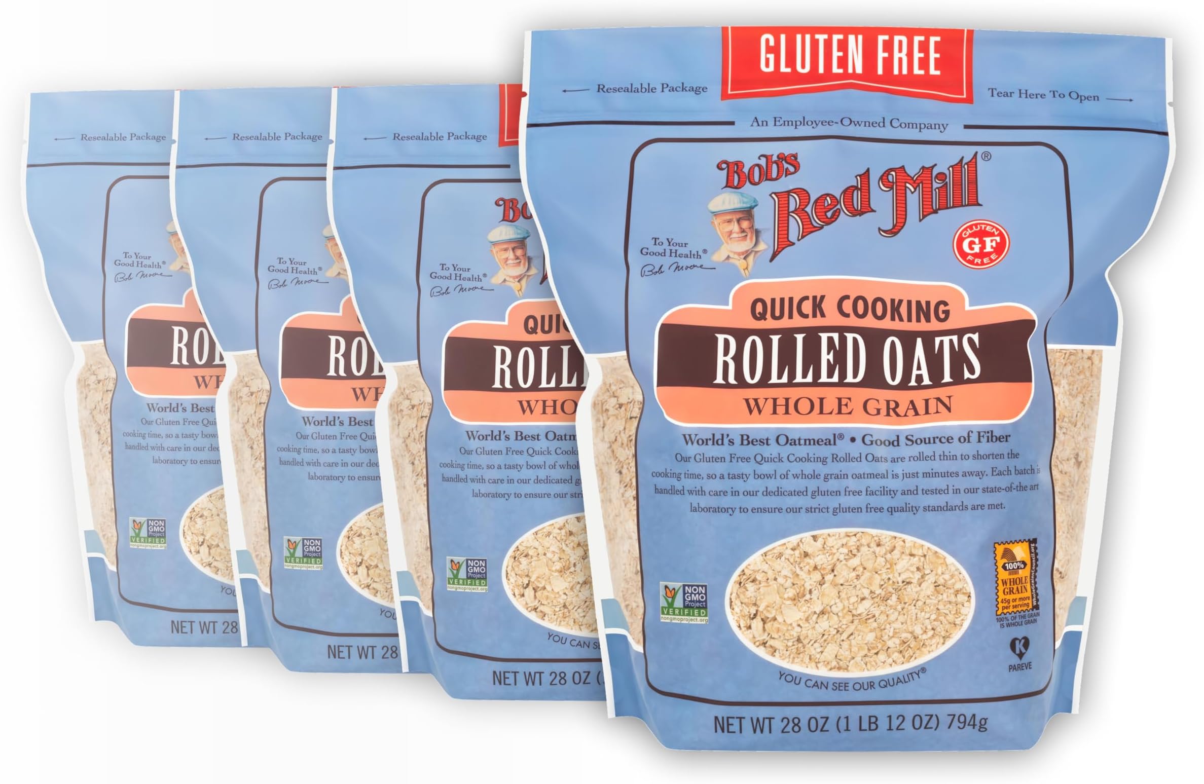 Bob's Red Mill Gluten Free Quick Cooking Rolled Oats, 28oz (Pack of 4) - Non GMO, Whole Grain, Vegan, Kosher