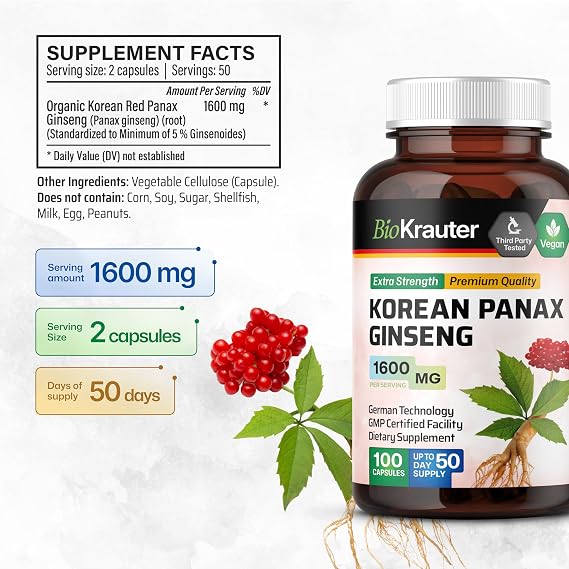BIO KRAUTER Ginseng Supplement for Energy, Focus, Performance & Immune Support - Pure Vegan Korean Red Ginseng 1600 mg per Serving - 100 apsules, 50-Day Supply, Non-GMO Herbal Supplement