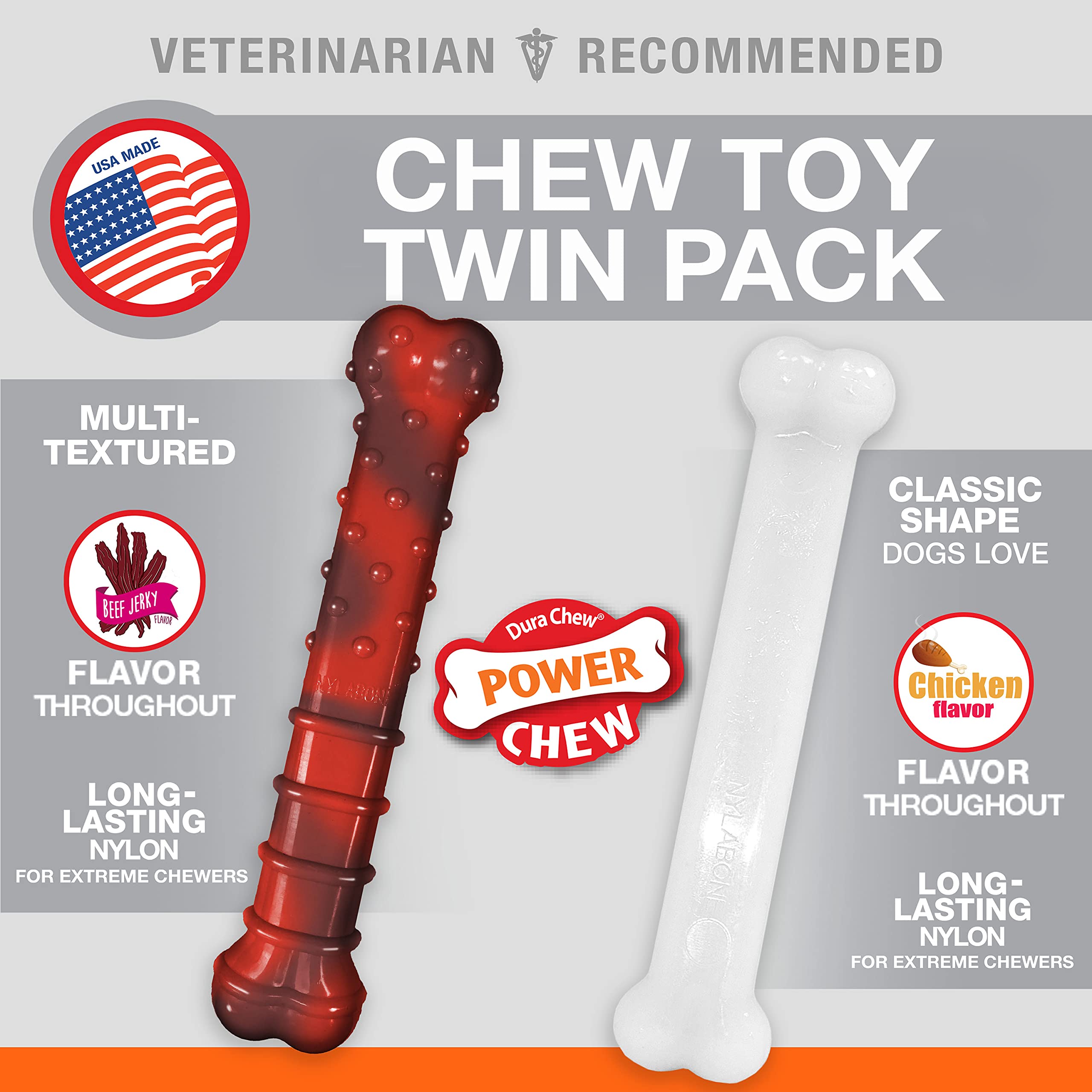 Nylabone Durable Power Dental Kauspielzeug für Hunde, Doppelpack, Rind Jerky & Huhngeschmack, groß, für Hunde bis zu 23 kg (2 Stück)