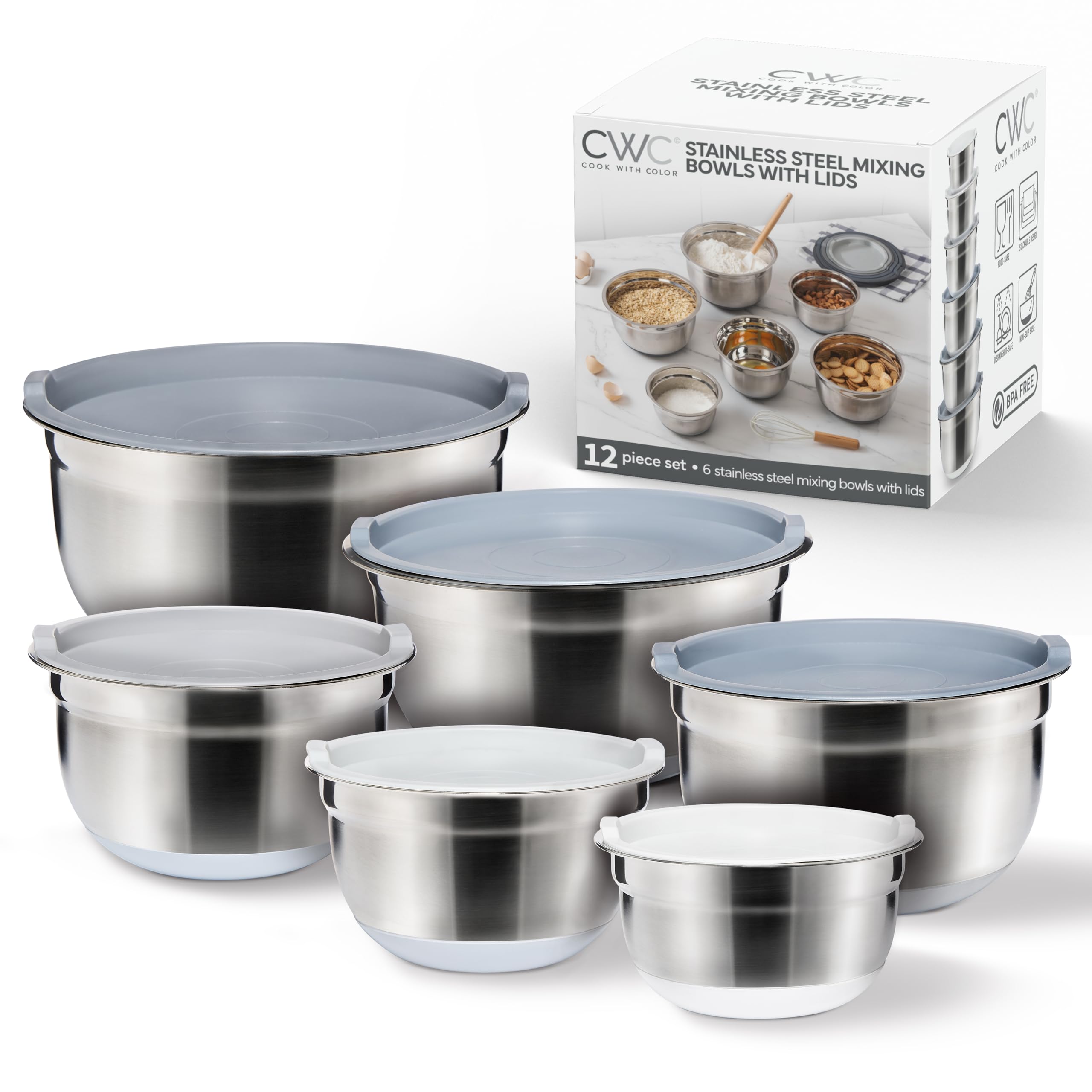 COOK WITH COLOR Juego de cuencos para mezclar de acero inoxidable con tapas, cuencos anidados con parte inferior antideslizante, gris, 12 piezas
