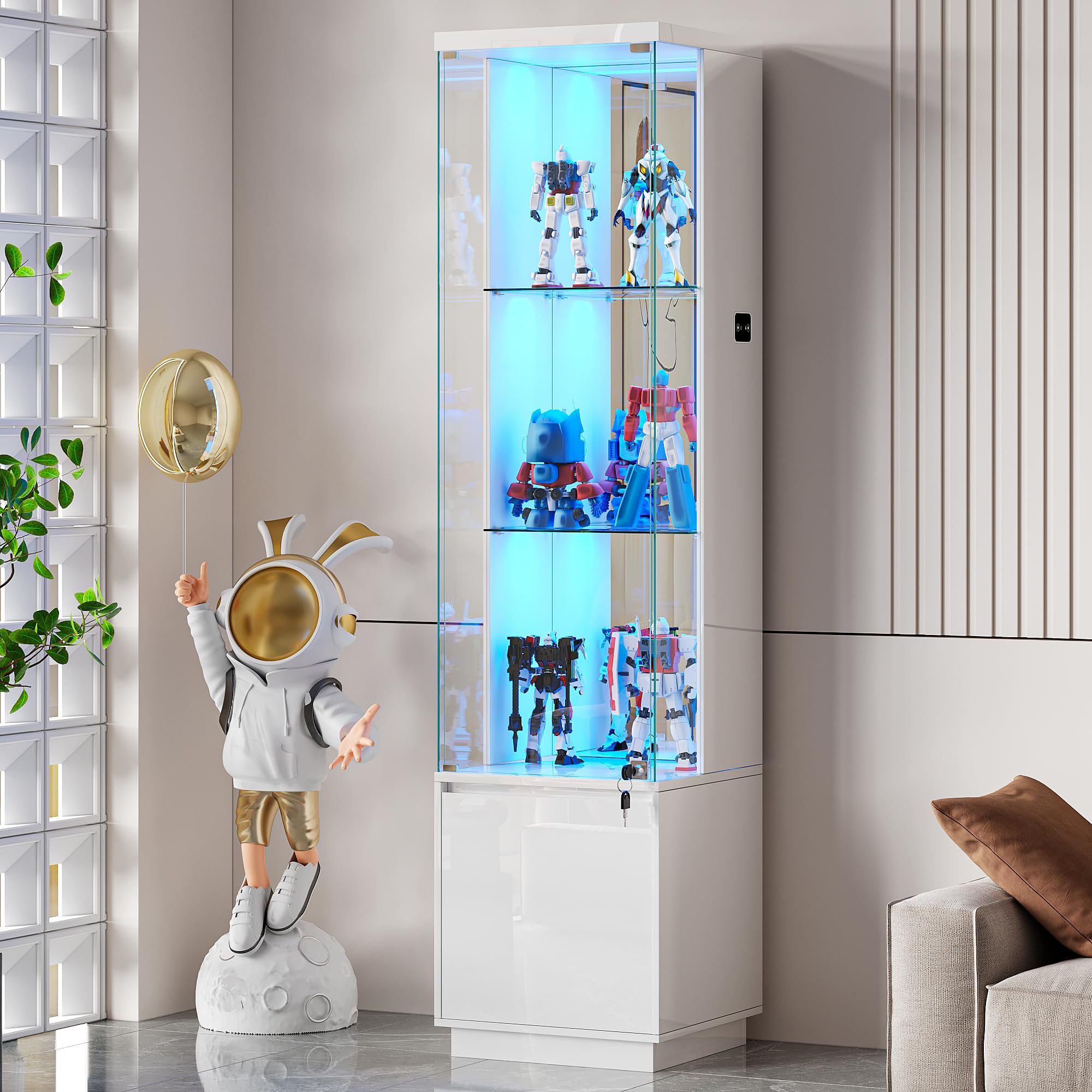 Lvifur Glasvitrine mit LED Beleuchtung und Schubladen,Vertikale Vitrine mit Intelligente Sensorik,Glas Holz Vitrinenschrank 3-Lagen Sammlervitrine für Sammlerstücke,Wein,Wohnzimmer,Schlafzimmer