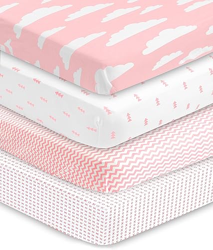 Miniatura 1 de BaeBae Goods Juego de sábanas de cuna prémium para bebé, paquete de 4, suave y transpirable, juego de sábanas bajeras de punto de jersey, rosa y
