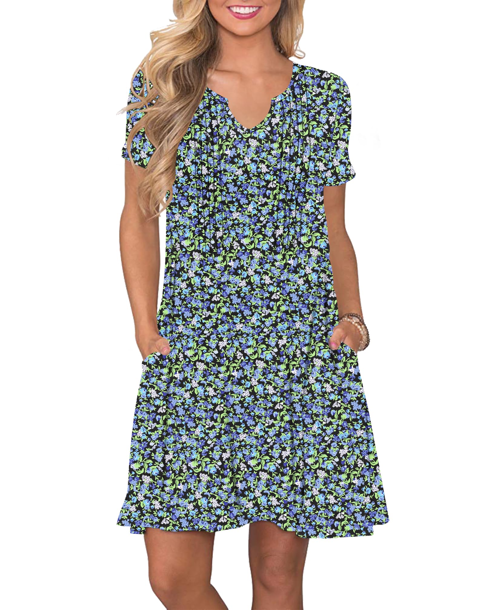 PLOKNRD Damen Sommerkleid Elegant Plissiert Strandkleider Gekerbter V-Ausschnitt T-Shirt Kleid Knielang mit Taschen
