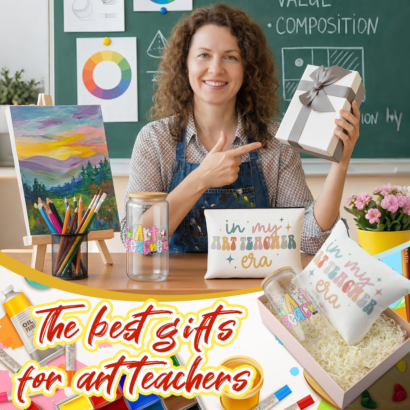 Remerry 7 Pcs Art Teacher Appreciation Gifts Include 16 oz Glass Cup Cosmetic Bag Socks Keychain Bracelet Card and Gift Box Ideas Thank You Basket for Art Teacher from Students