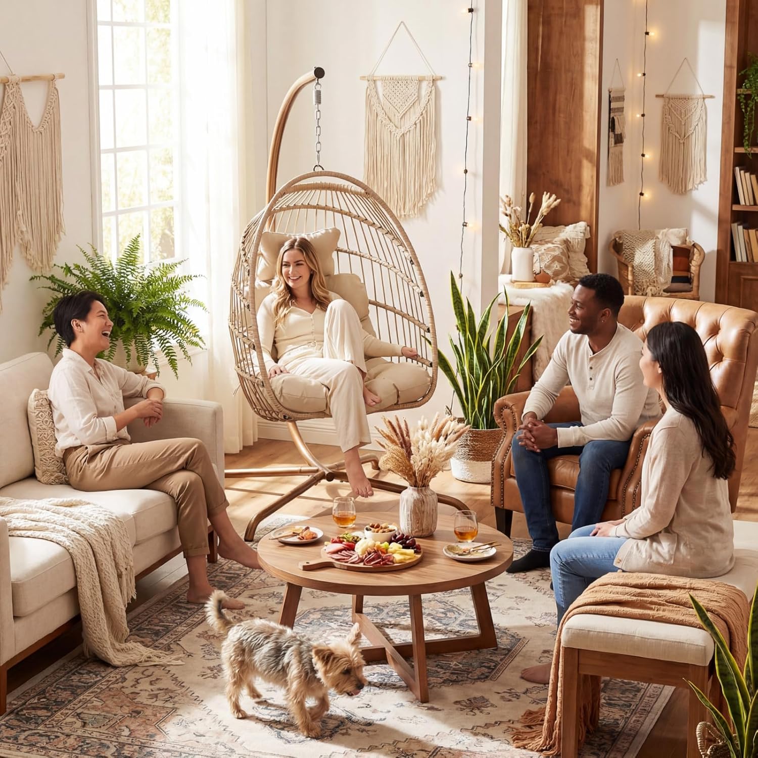 NICESOUL Indoor Outdoor Wicker Hanging Egg Chair with Stand, Cozy Patio Swing Hammock Egg Shell Chairs with Cushions, 350lbs Capacity Sturdy Porch Swing for Backyard Balcony, Beige with Cover