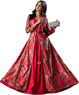 madhuram textiles Women's Vatican Print Ethnic Dress with Jacket Style Gown(M-2550 Pink and Yellow) Price In India